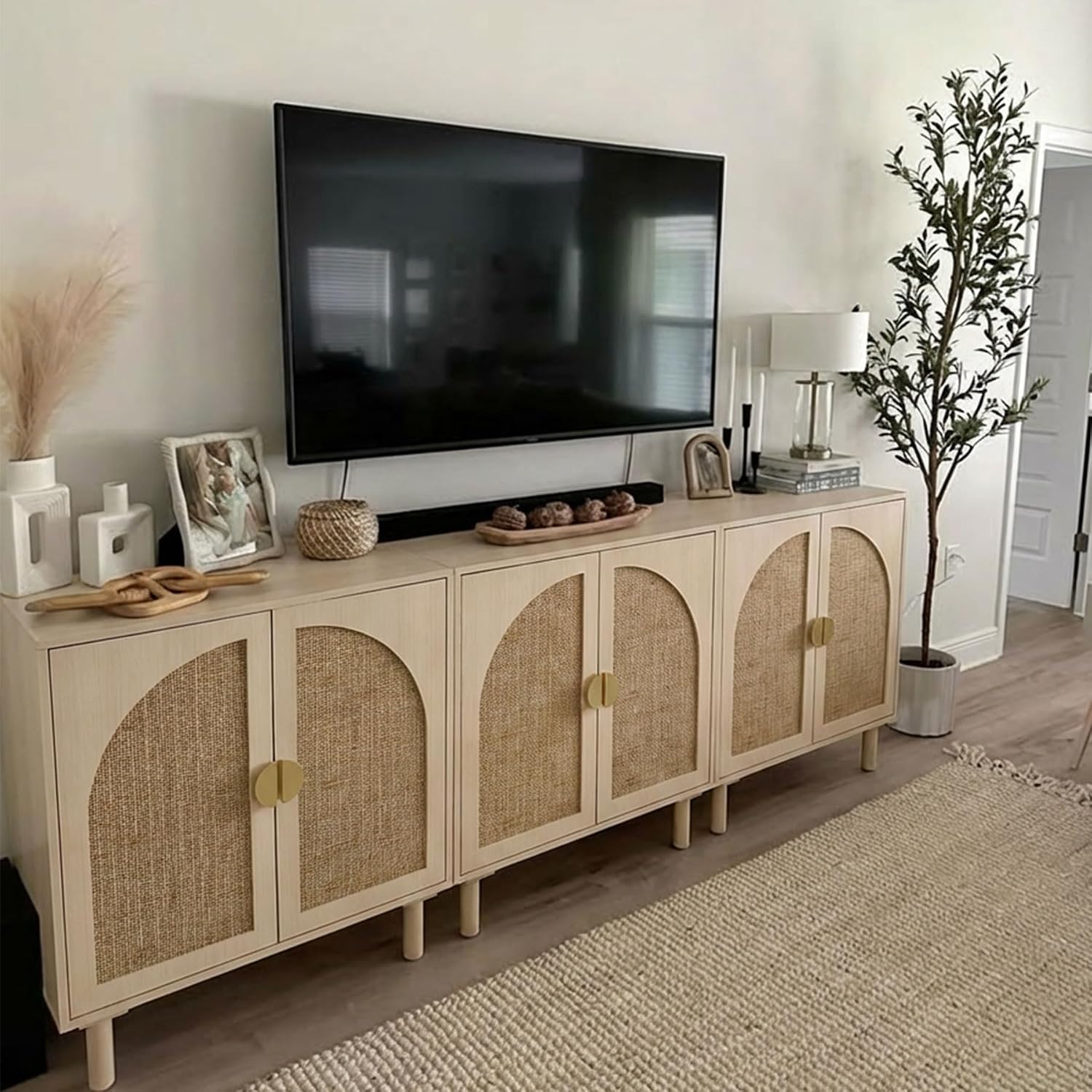 Rattan Cabinet, Sideboard with Magnetic Door Latch & Adjustable Shelf, Beige Boho Buffet for Living Room Entryway, 29.8' W x 15.7' D x 31.5' H (2Pc)