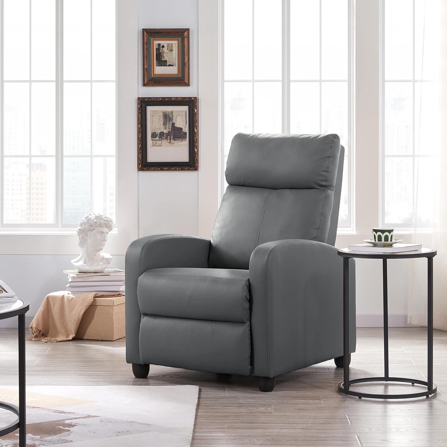 Yaheetech Recliner Chair Set of 2, PU Leather Upholstered Reclining Sofa Chair with Pocket Springs for Living Room, Home Theater Seating Grey