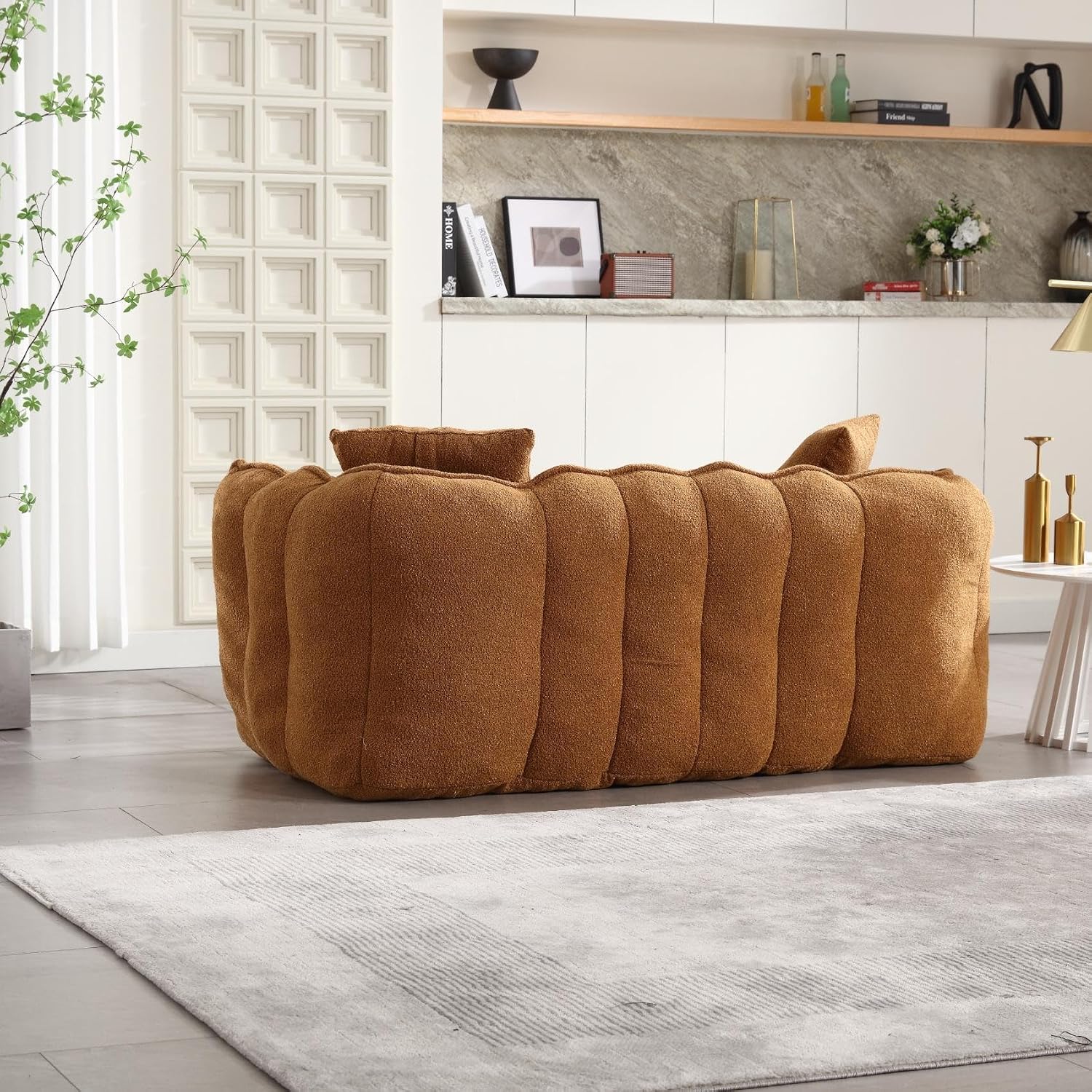KEIKI Chenille Loveseat Giant Bean Bag Sleeper Sofa Chair, Upholstered Lazy Floor Couch with Pillows, High Resilience Foam Comfy Reading Chaise Lounge Recliner for Living Room Bedroom, Khaki