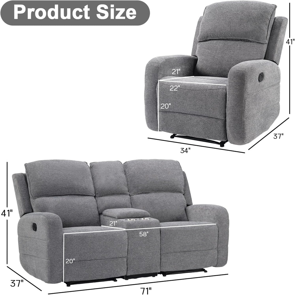EBELLO Manual Living Room Furniture Reclining Couch Set, Soft Fabric Recliner Chair and Loveseat Sofa Couch for Meeting Room, Overstuffed Backrest(Recliner+Loveseat)