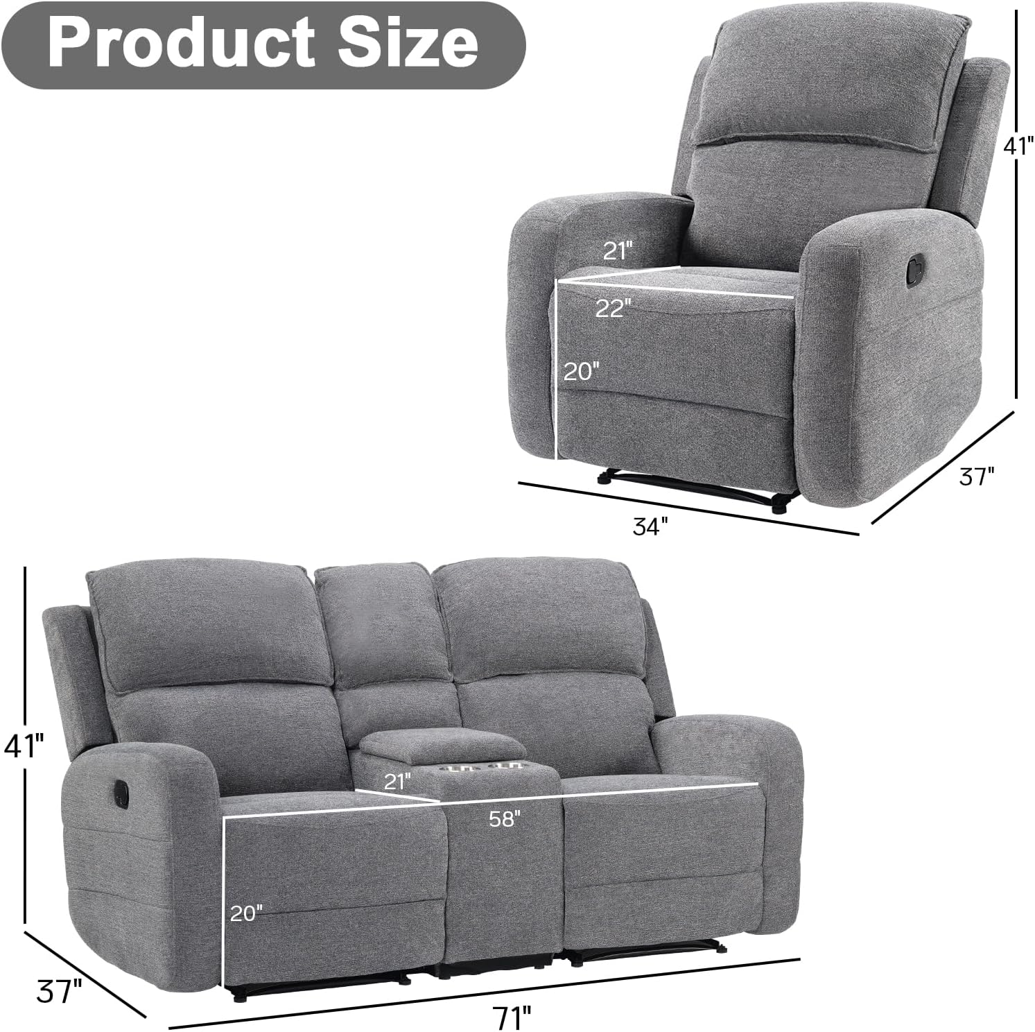 EBELLO Manual Living Room Furniture Reclining Couch Set, Soft Fabric Recliner Chair and Loveseat Sofa Couch for Meeting Room, Overstuffed Backrest(Recliner+Loveseat)