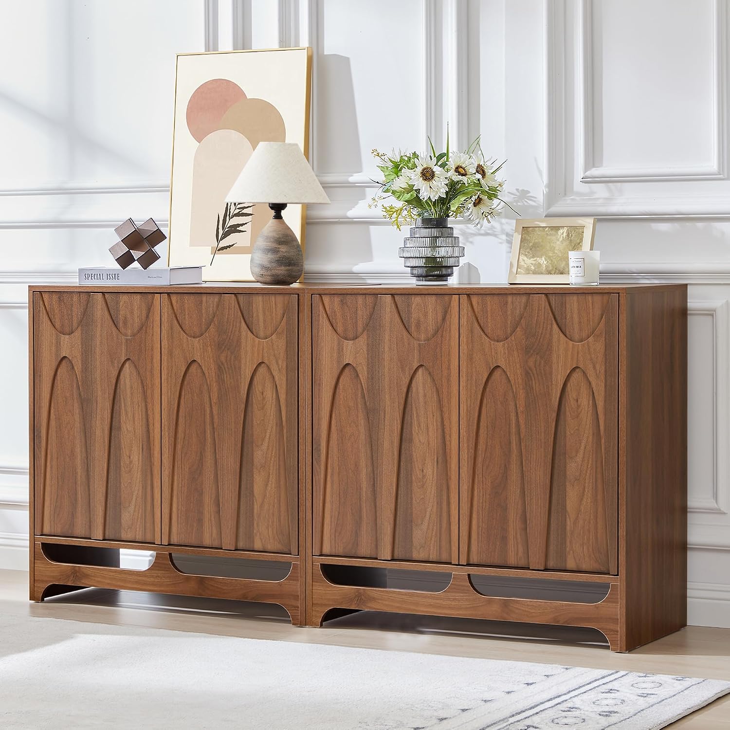 Bifins Sideboard Buffet Cabinet with Storage Set of 2, 63' Mid Century Modern Storage Cabinet with Adjustable Shelf and 4 Doors for Dining Room, Living Room,Entry