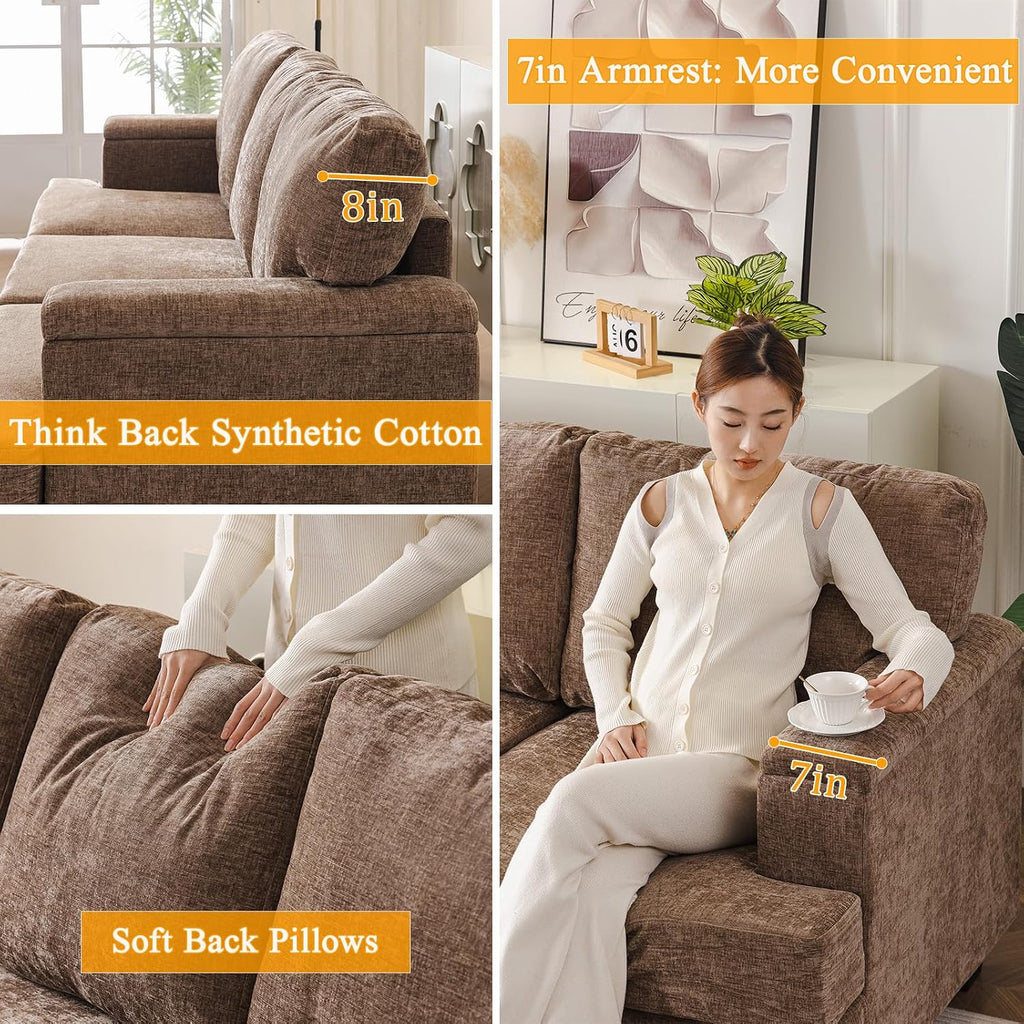 Rexulqo 85'' L Shaped Couch with Armrest Organizer,3 Seats Sofas with Movable Ottoman,Comfy Sectional Sofa with Thick Cushion,Sectional Couches for Living Room,Bedroom,Apartment,Chenille,Brown
