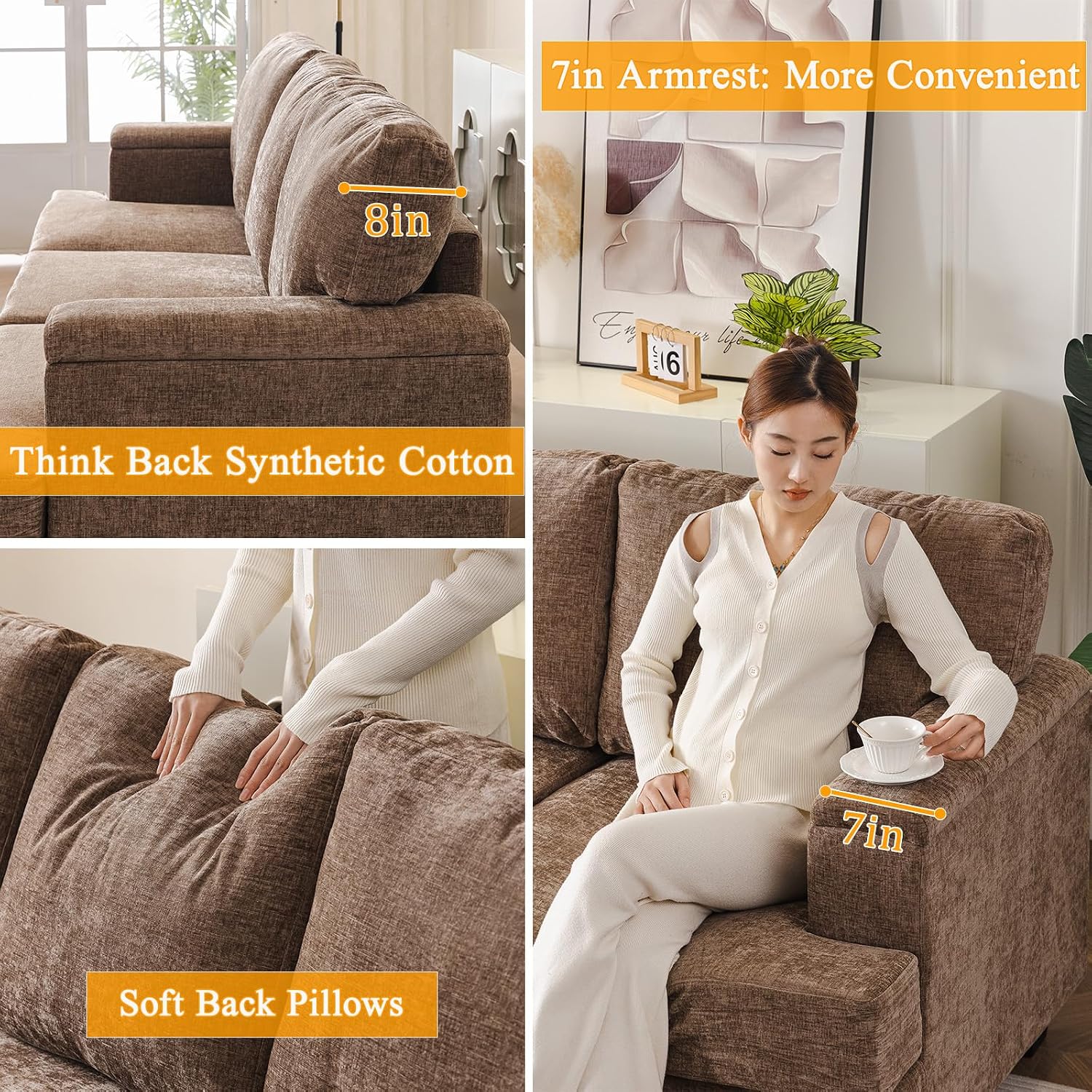 Rexulqo 85'' L Shaped Couch with Armrest Organizer,3 Seats Sofas with Movable Ottoman,Comfy Sectional Sofa with Thick Cushion,Sectional Couches for Living Room,Bedroom,Apartment,Chenille,Brown