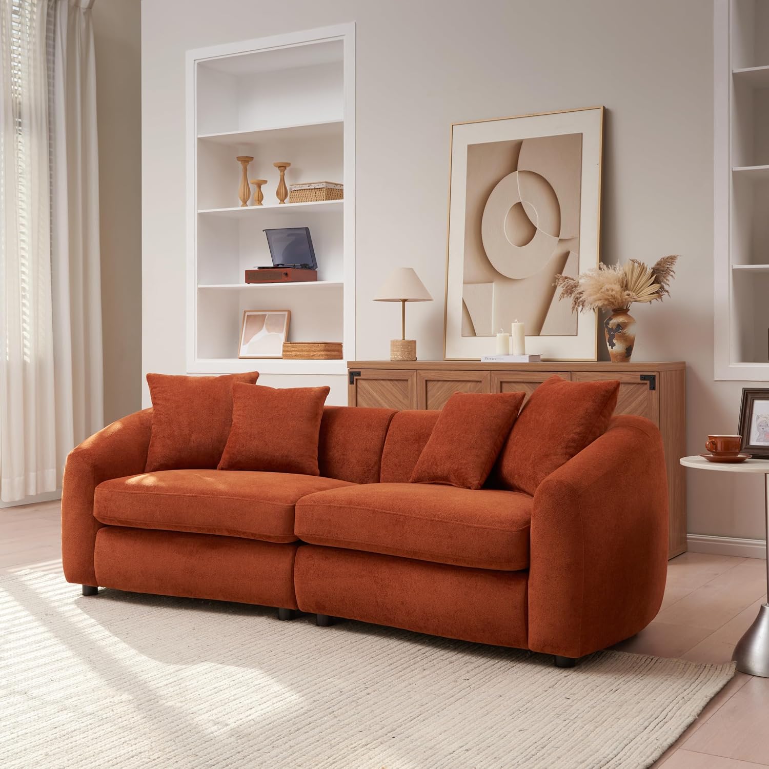 Christopher Knight Home Taliyah 87' Cozy Velvet Upholstered Lounge Sofa, 3-Seater Curved Home Sofa Living Room with 4 Pillows, Sturdy Wooden Frame Lounge Chair Indoor, Couch with Thick Cushion, Orange