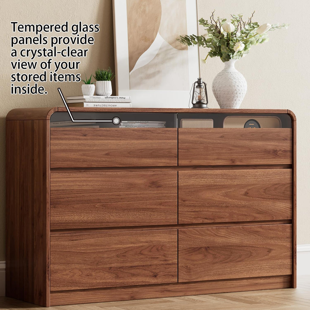 Ieejdn 47.2' Dresser with 6 Drawer, Wide Dresser with Recessed Glass Display & Silent Metal Rails, Handleless Chest of Drawers for Clothes, and Bedding, Walnut