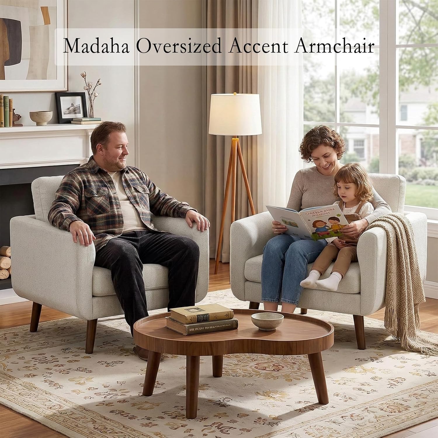 Oversized Accent Chair for Living Room, 37' Mid-Century Modern Comfy Reading Chair, Linen Fabric Solid Wood Frame Armchair, Upholstered Beige Bedroom Accent Chairs Set of 2 for Adults