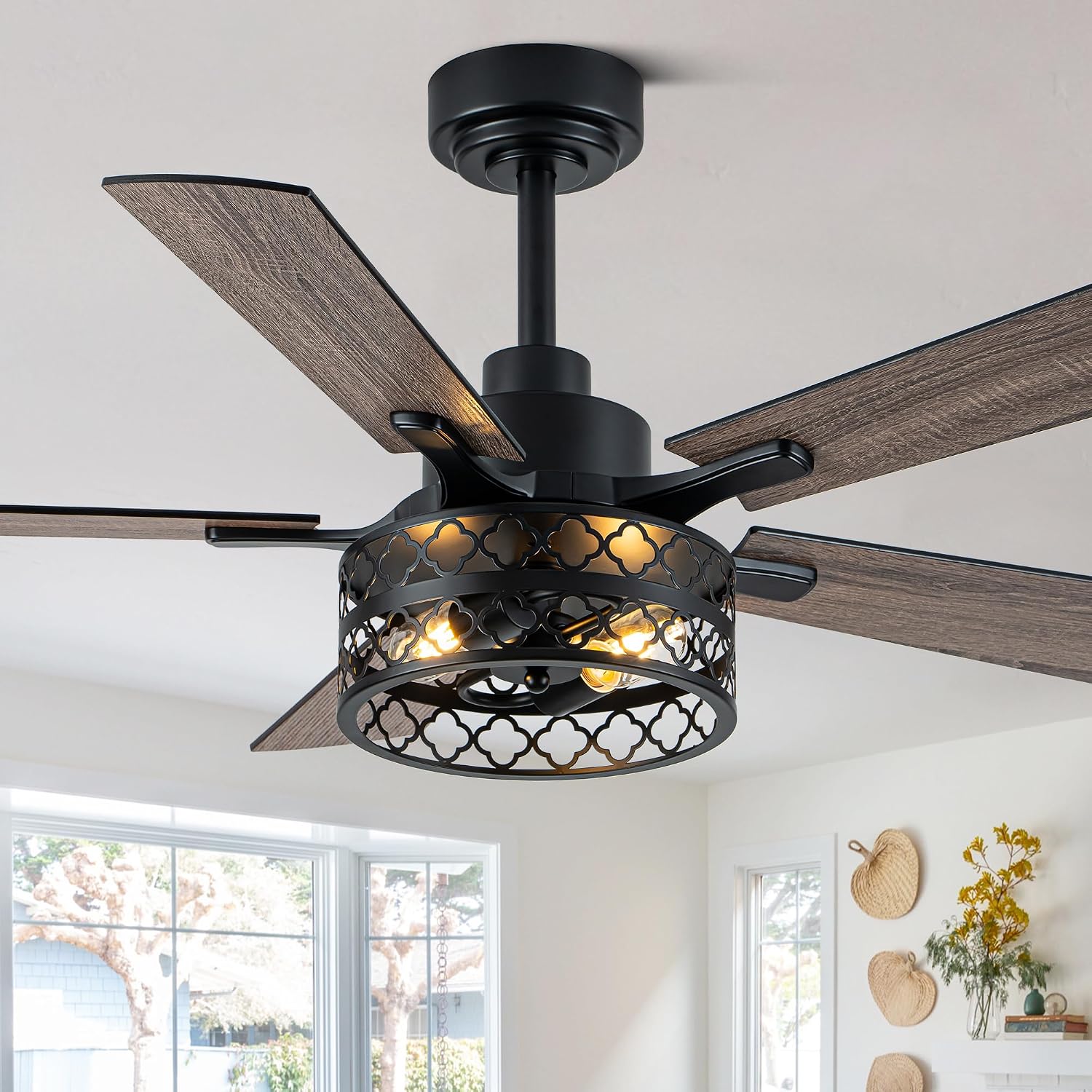 Bella Depot 46' Ceiling Fan with Light Farmhouse Caged Chandelier Fan with Remote Vintage Rustic Indoor Fandelier with Silent Motor for Dining Living Room Bedroom, (Bulbs not Included)