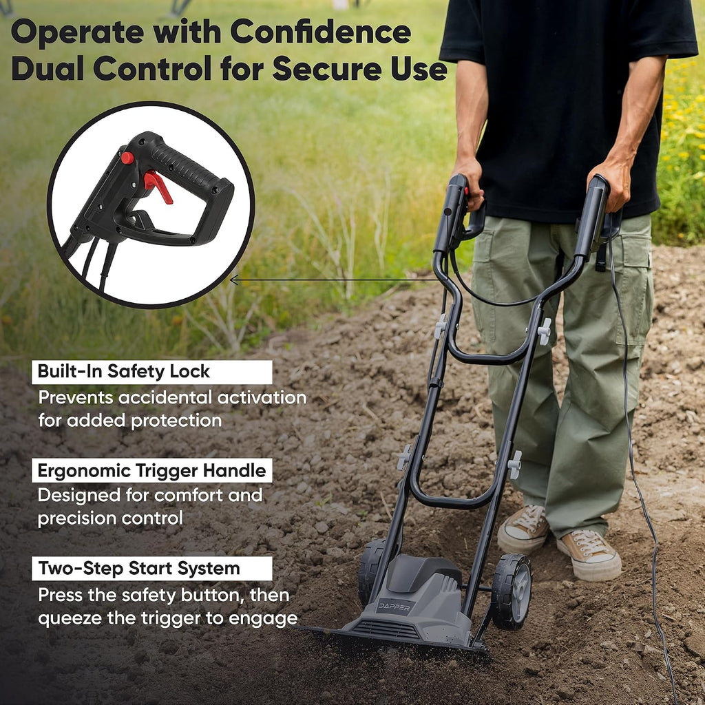 Dapper Supply 14 Electric Tiller Cultivator, 10Amp Corded Garden Rototiller with 4 Steel Tines, Adjustable Depth Wheels, Foldable Handle, Lightweight Portable Soil Cultivator for Gardening