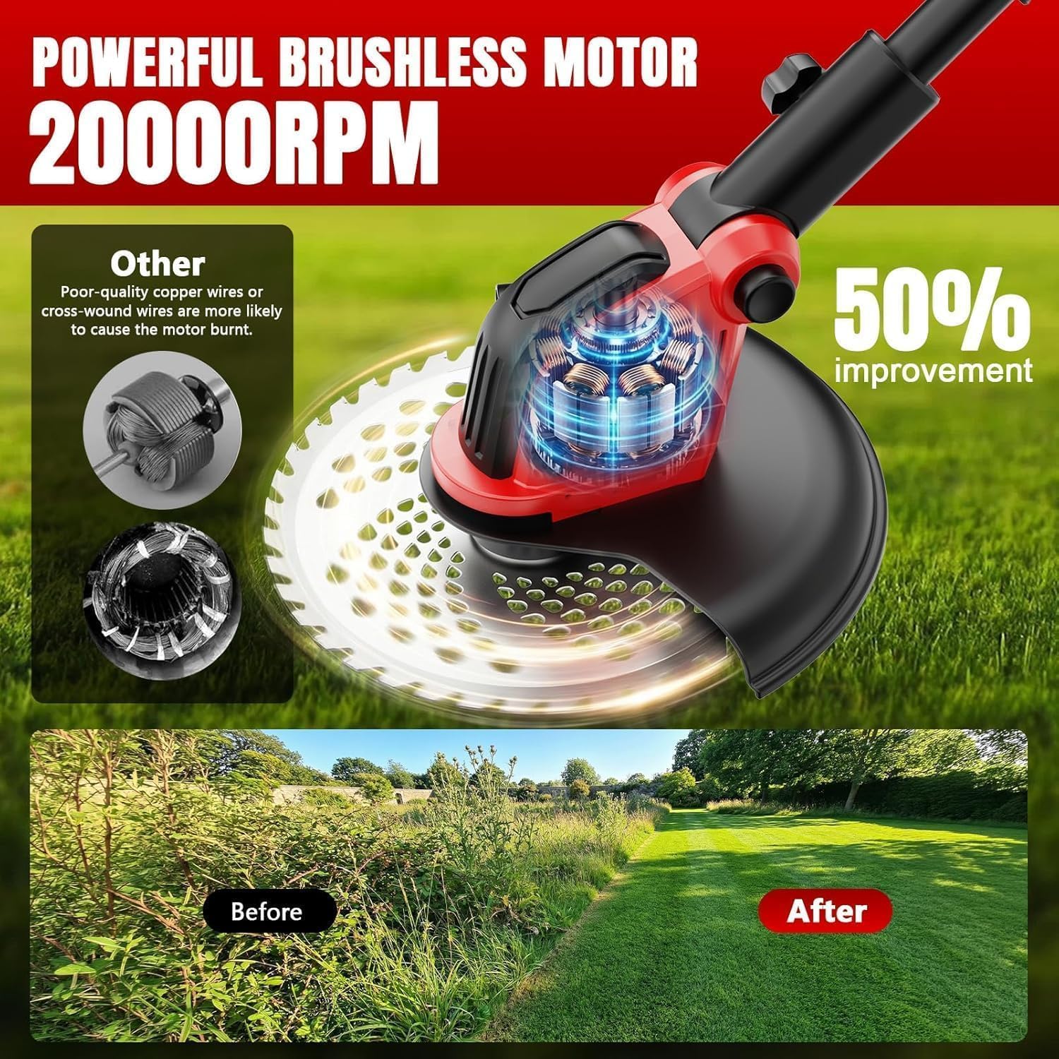 20000 RPM Electric Weed Wacker with Wheel,12″ Brushless Cordless Weed Eater Battery Powered,4-in-1 Brush Cutter/String Trimmer/Grass Edger/Tiller for Garden,Weed Trimmer,2 Battery (Black Red)