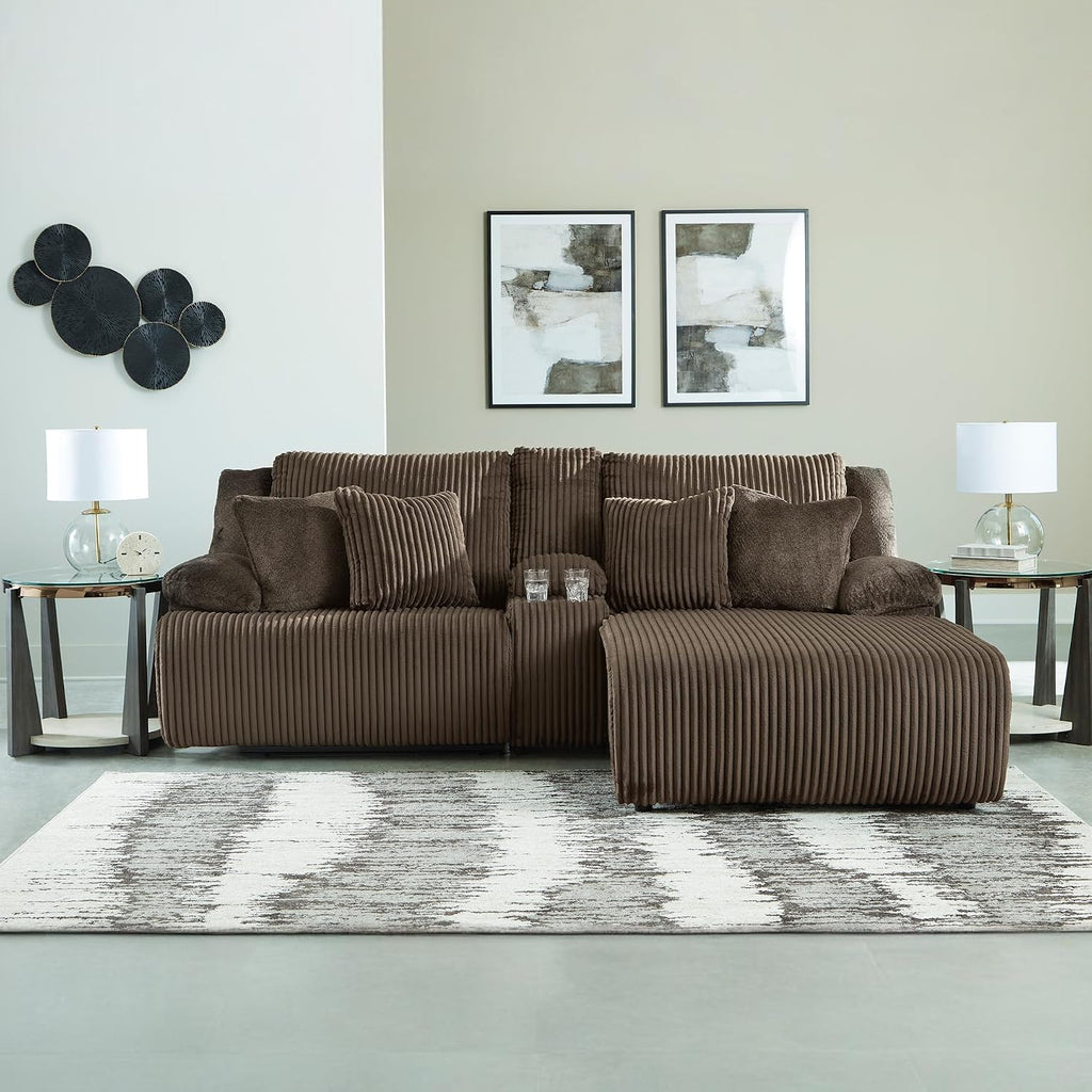 Signature Design by Ashley Top Tier Contemporary L-Shaped 3-Piece Reclining Sectional Sofa with Chaise, Console Storage and 4 Accent Pillows, Dark Brown