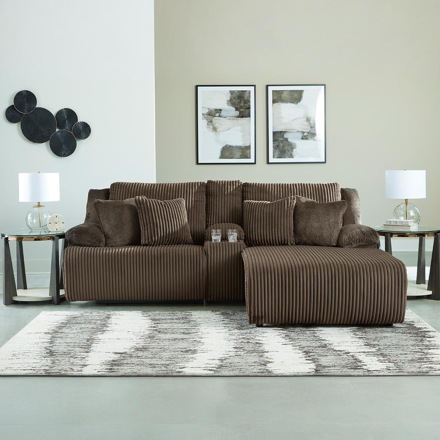 Signature Design by Ashley Top Tier Contemporary L-Shaped 3-Piece Reclining Sectional Sofa with Chaise, Console Storage and 4 Accent Pillows, Dark Brown