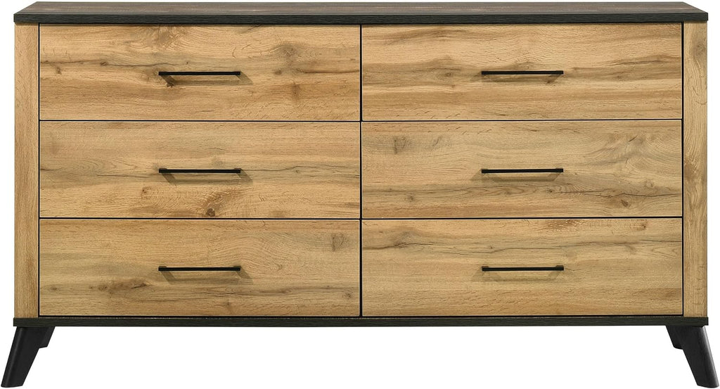Coaster Home Furnishings - Kaywood - Engineered Wood - 6-Drawer Dresser with Mid-Century Modern Style, Two-Tone Design, Black Pull Handles, Weathered Brown Top Finish - Bedroom - Natural Pine - 225003