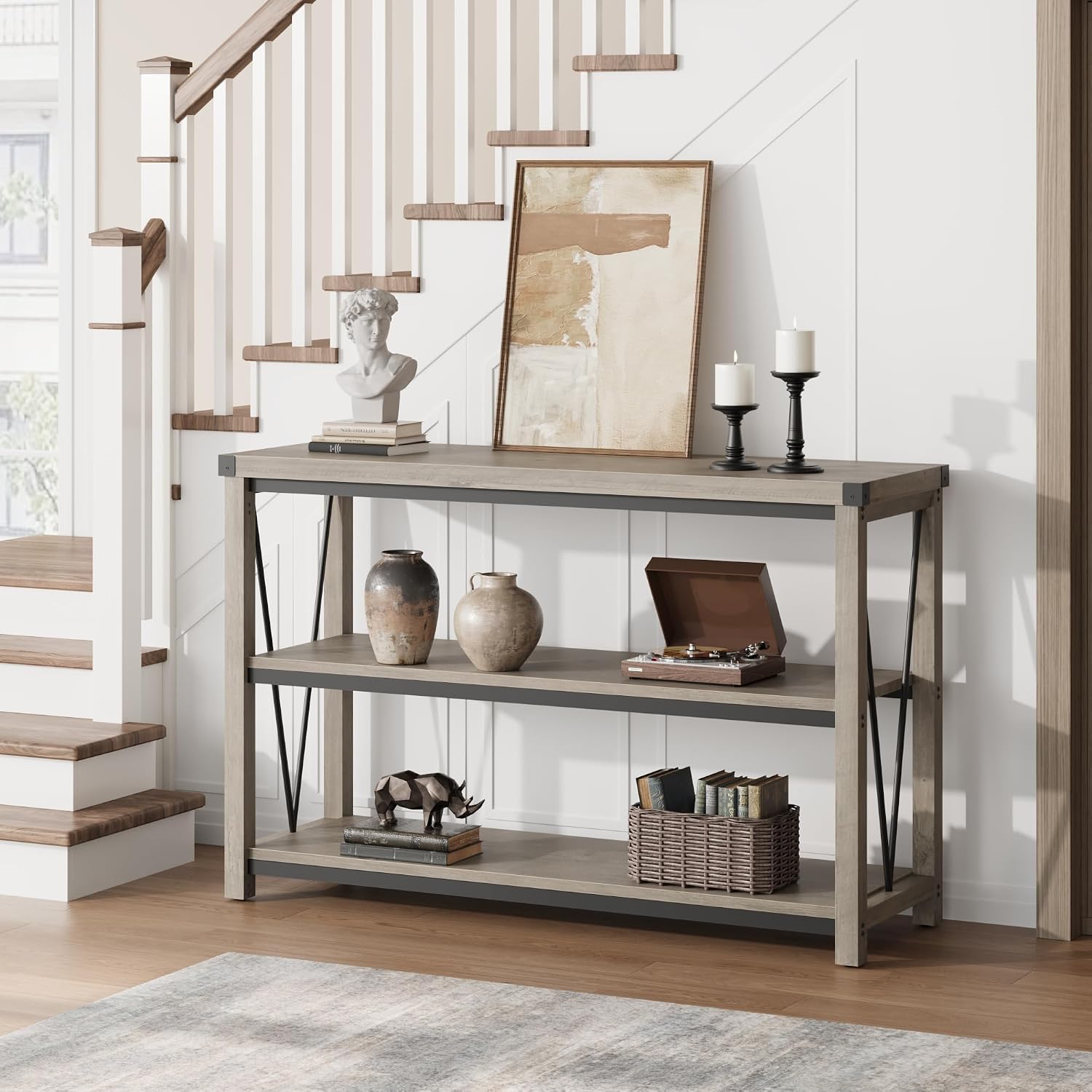 GAOMON Farmhouse Entryway Table,47 Inch Narrow Long Console Table with Storage, 3 Tier Wood Console Table for Living Room, Behind Couch Table, Hallway Table for Foyer, Entryway Furniture-Grey