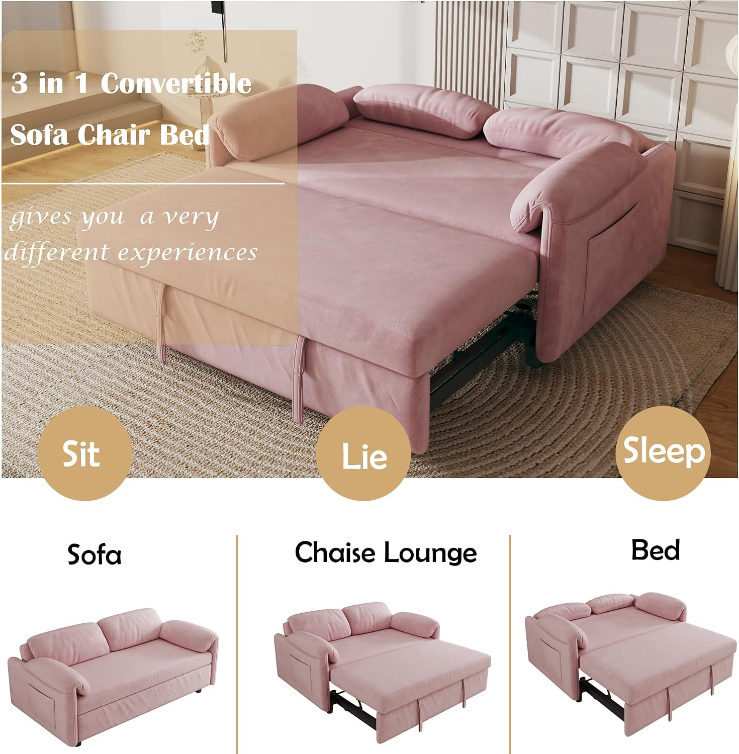 KEIKI 3 in 1 Full Pull Out Sofa Bed with Adjustable Backrest & Side Storage Pockets, Velvet Recliner Lounge Sofa for Small Living Spaces, Pink