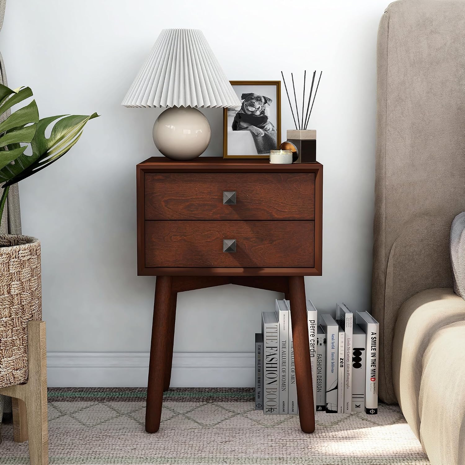 24/7 Shop at Home Goerge Mid-Century Modern Nightstand, Solid Rubber Wood Dresser, Small Bedside Tables with 2 Drawers, with Tapered Legs for Bedroom, Living Room, Home Office, Espresso Brown