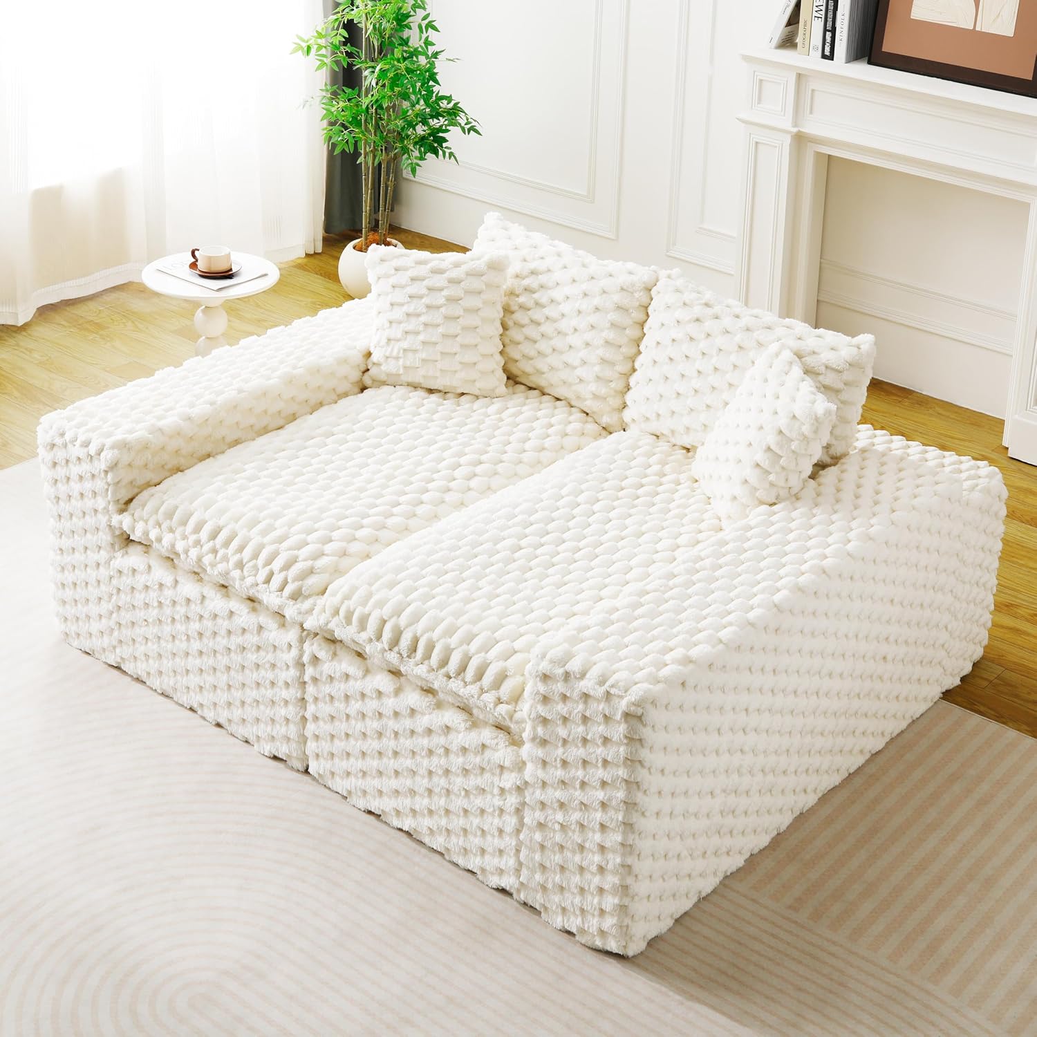 KEIKI 120' Modular Boneless Couch Full Chaise for Bedroom, 4-Seater Sectional Couches for Living Room Furniture, Deep Seat Deep Soft Sofa Bed for Living Room Corner Pet Friendly, White