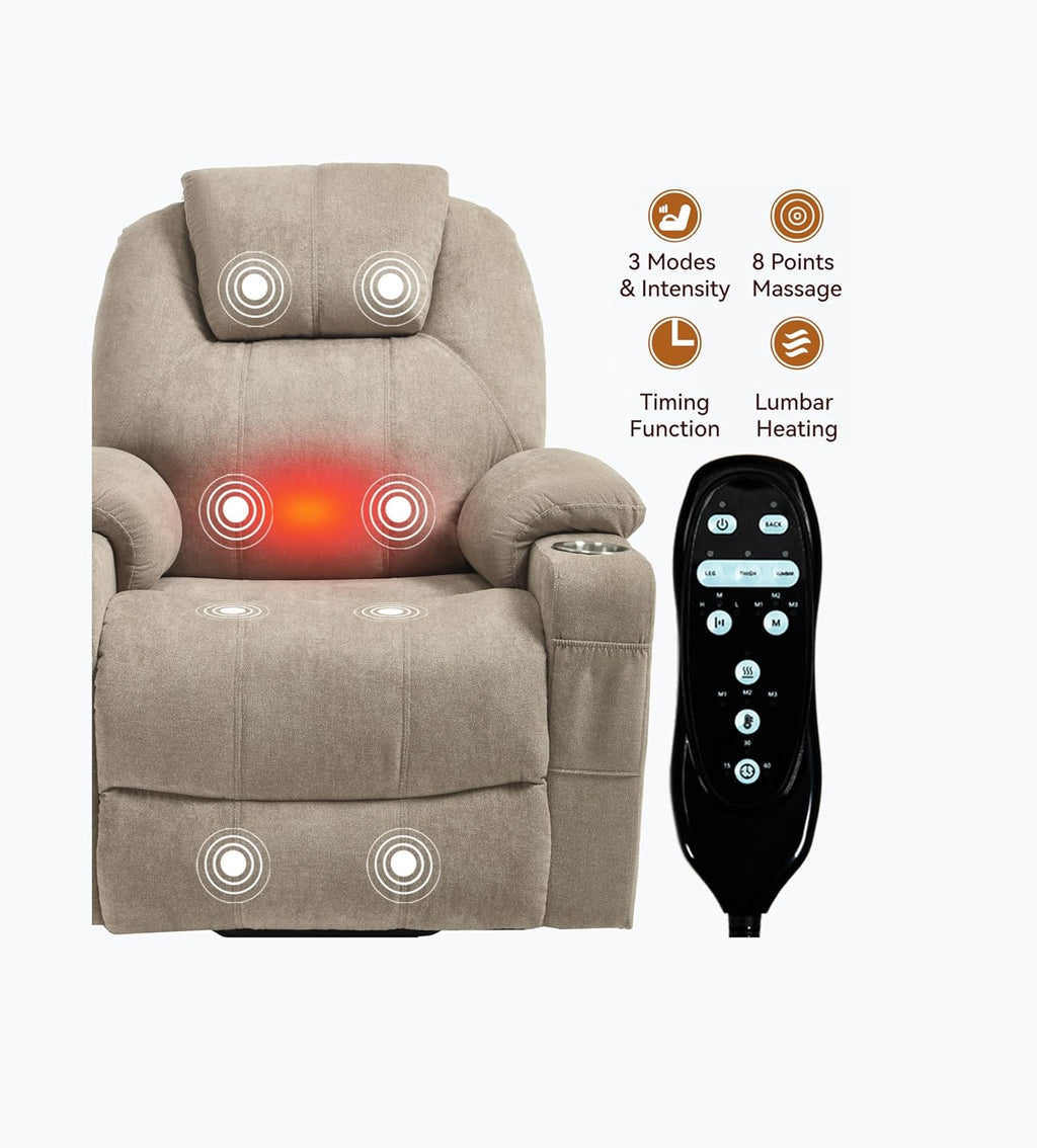KEIKI Large Dual Motor Power Lift Recliner Chair for Adults, Polyester Rocking Chair with Back Massager and Heated, USB and Type-C Ports, Cup Holders, Comfy Reading Sofa Chair for Living Room, Khaki