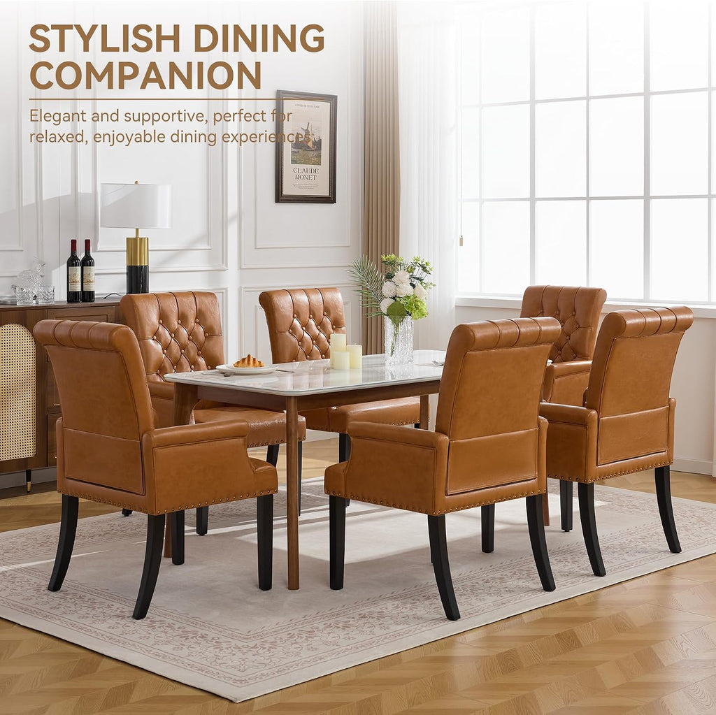 WUTUTUEE PU Leather Dining Chair with Arms, Upholstered Tufted High Back Dining Room Chairs, Accent Armchair with Solid Wood Leg and Nailhead Trim, Kitchen Dining Living Room, Brown