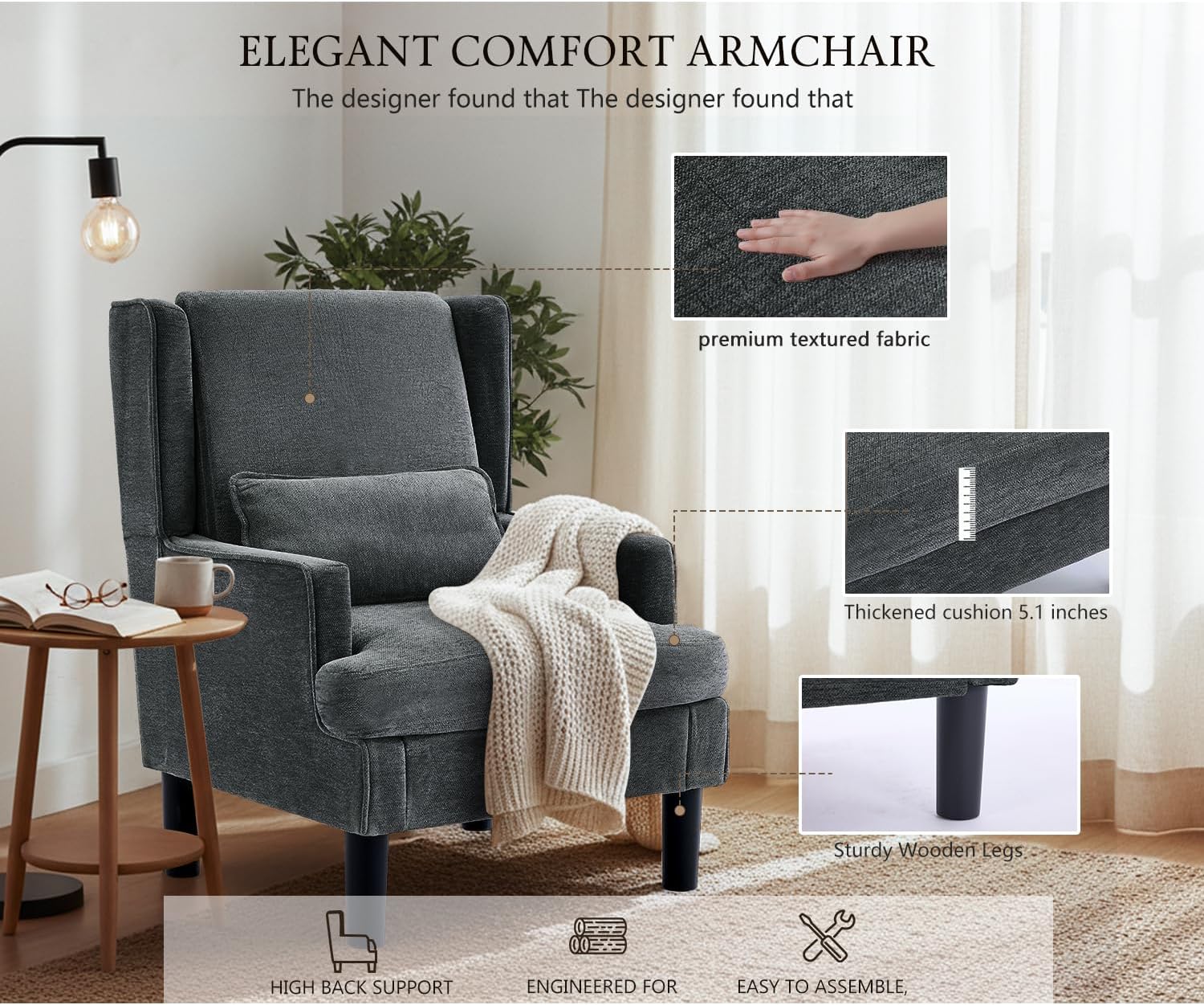 Accent Chairs Set of 2 for Living Room Chairs Modern Accent Chair Oversized Reading Chair for Living Room Sofa Chair with High Back and Wood Legs, Upholstered Comfy Chair for Bedroom(Dark Green)