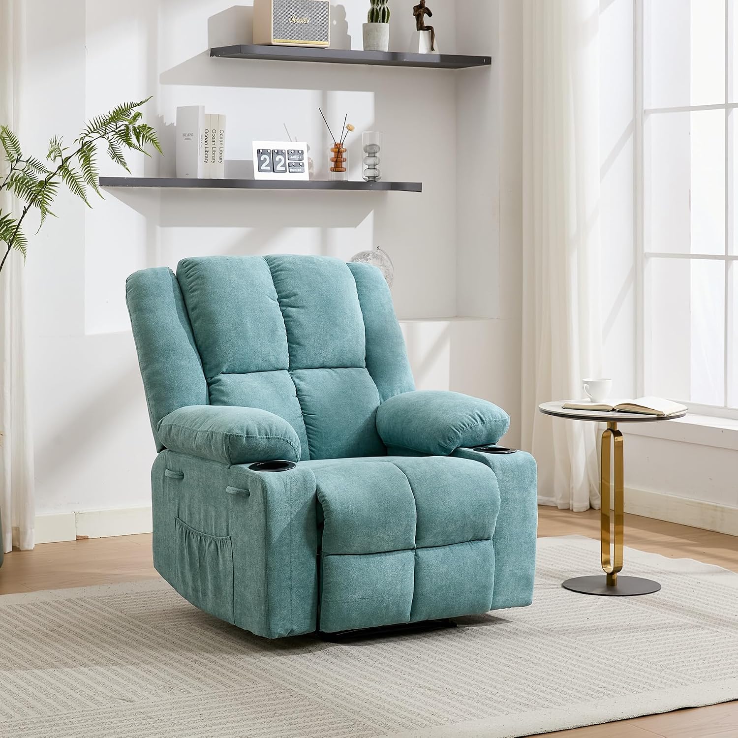 Manual Recliner Chair with Heating & Massage,Ergonomic Overstuffed Breathable Fabric Reclining Chair with Side Pockets,Q235 Steel Frame Lazy Boy Recliner Single Sofa for Living Room Bedroom