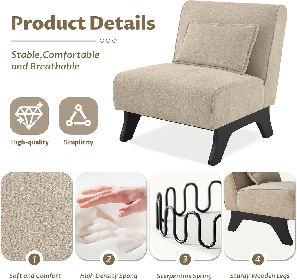 Upholstered Armless Accent Chair,Modern Comfy Living Room Chairs with Wooden Legs& Pillows,Lounge Sofa Side Chair for Bedroom Farmhouse Reading Brown
