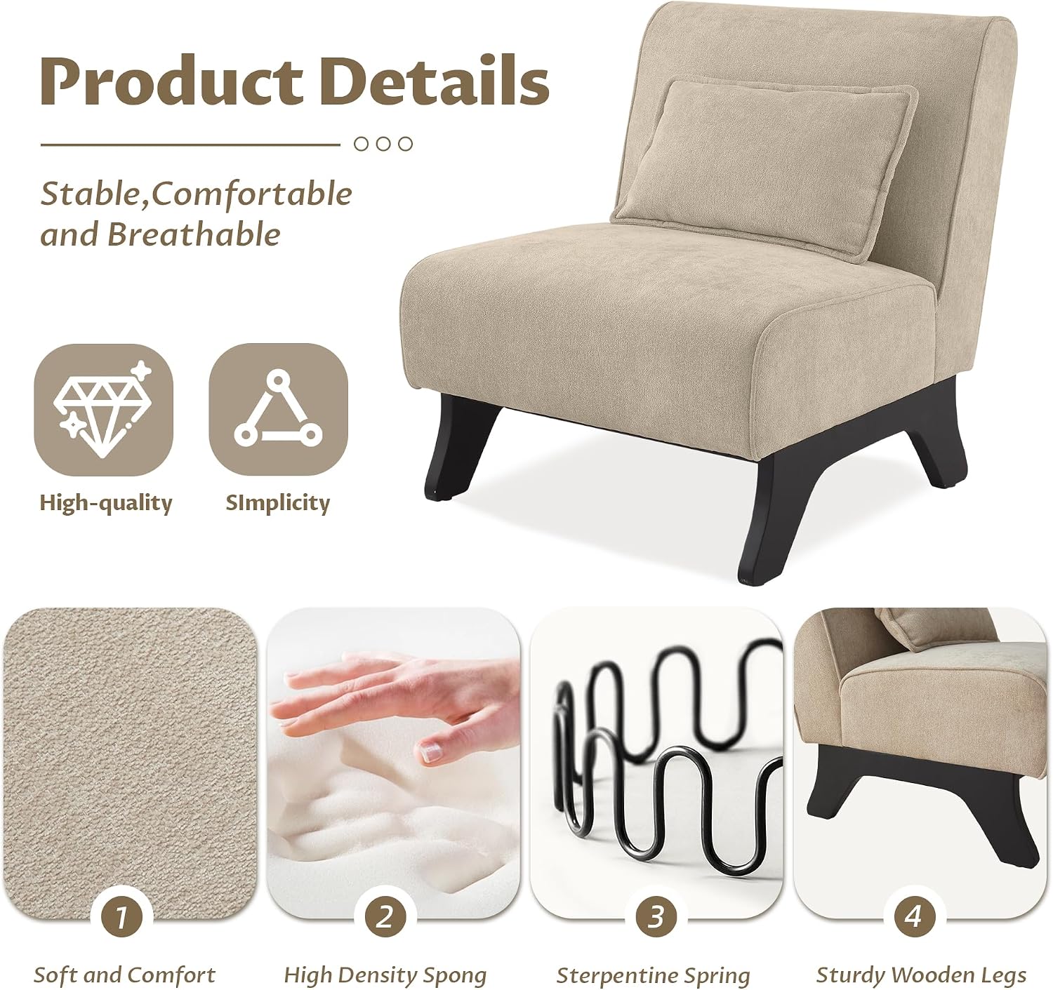 Upholstered Armless Accent Chair,Modern Comfy Living Room Chairs with Wooden Legs& Pillows,Lounge Sofa Side Chair for Bedroom Farmhouse Reading Brown
