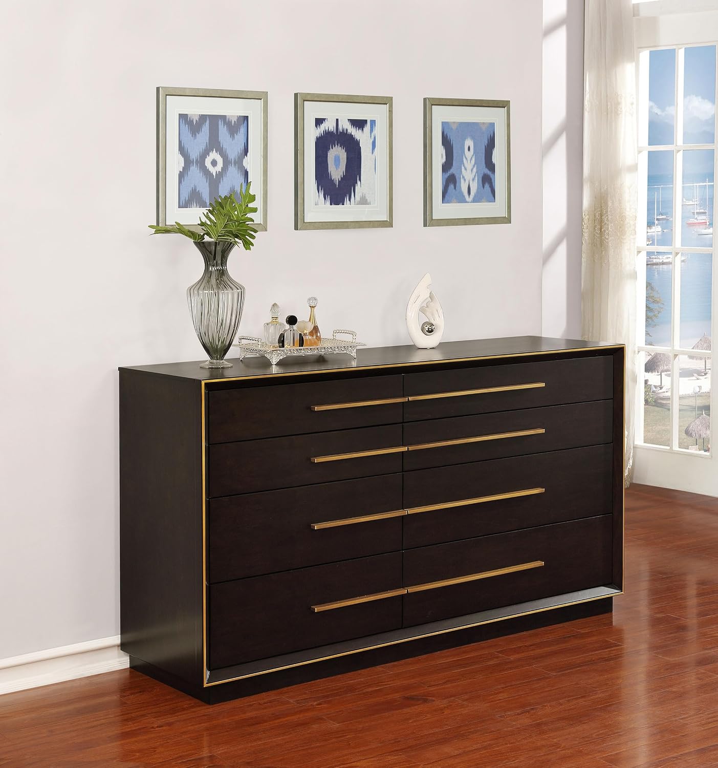 Coaster Home Furnishings - Durango - Wood - 8-Drawer Dresser with Metallic Pulls, Metal Extension Glide, and Felt-Lined Top, Contemporary Style - Smoked Peppercorn - 223263