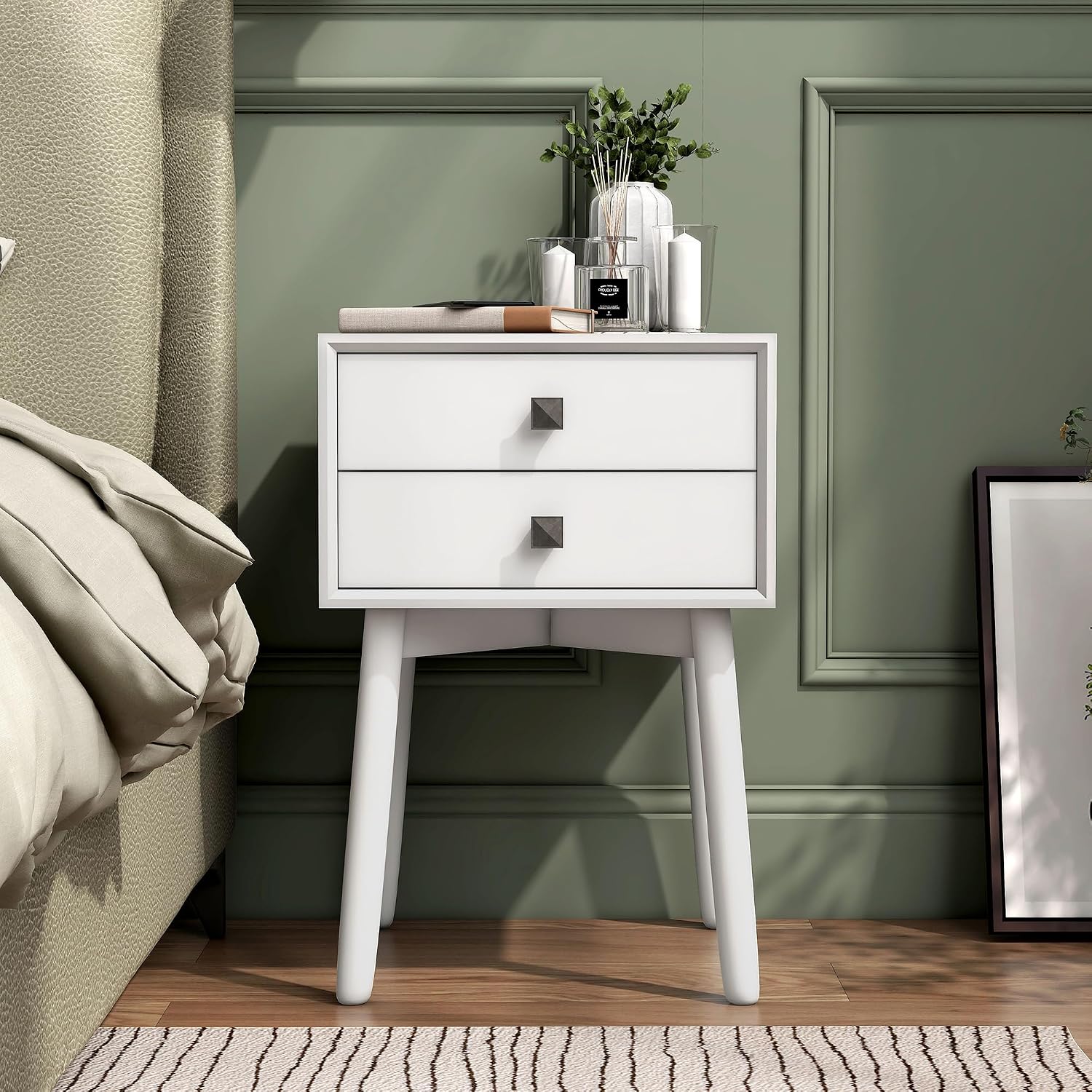 24/7 Shop at Home Goerge Mid-Century Modern Nightstand, Solid Rubber Wood Dresser, Small Bedside Tables with 2 Drawers, with Tapered Legs for Bedroom, Living Room, Home Office, White