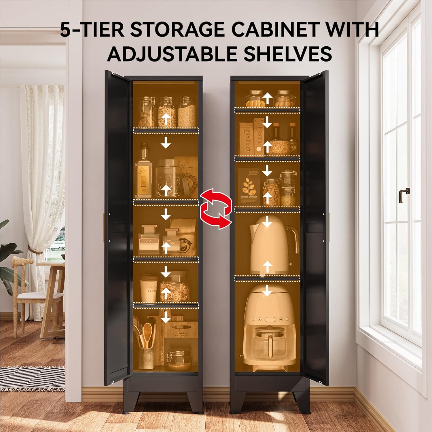 67' Tall Narrow Storage Cabinet with Reversible Doors and Adjustable Shelves,11.8' Deep By 15.7' Wide Metal Slim Cabinet for Bathroom Kitchen Garage Small Spaces,Black,1 Pc