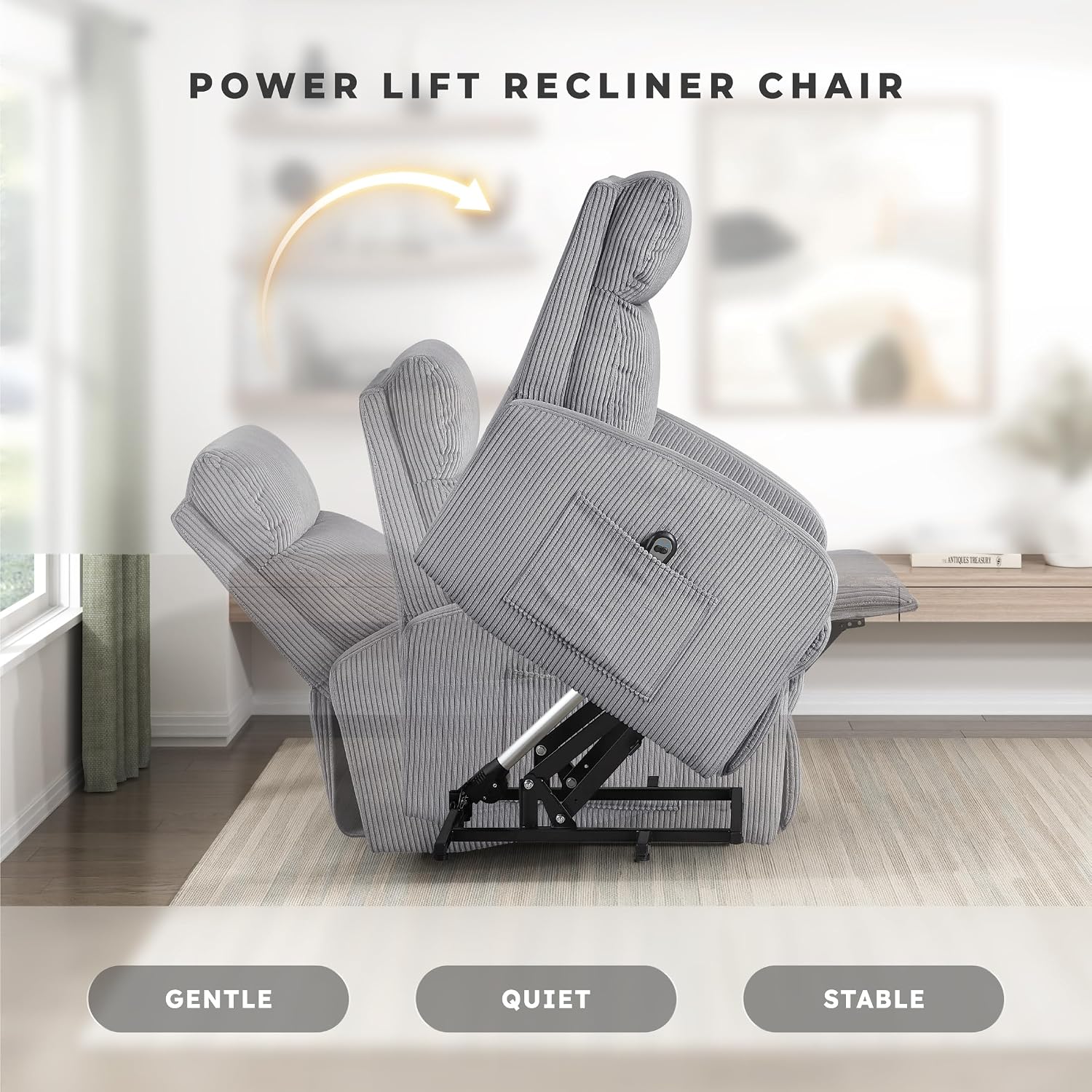 Lexicon Power Lift Recliner Chair for Elderly with Remote Control, Gentle Lift Motion, Side Pocket Armrest, Corduroy Upholstered Electric Recliner for Living Room/Bedroom, Easy Assembly, Dark Gray