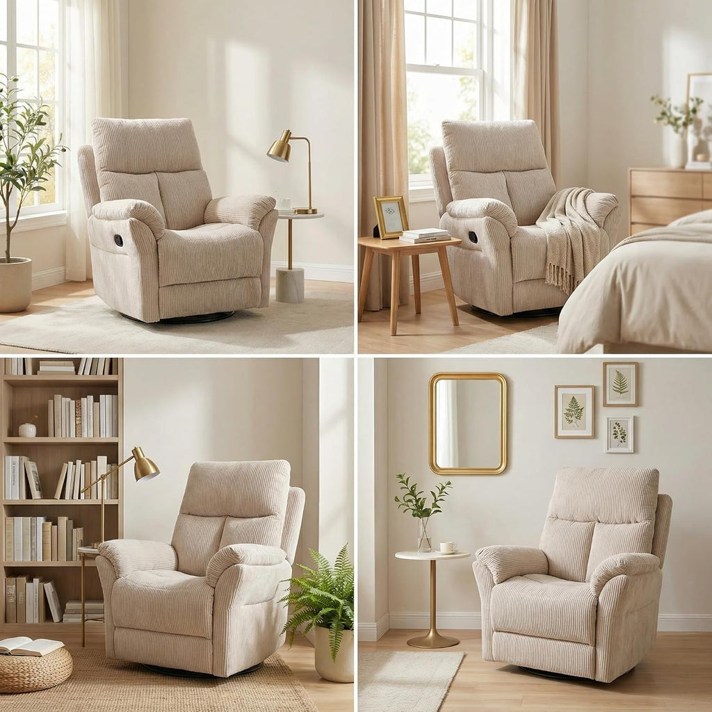 Oversized Rocker Recliner Chair, Manual Swivel Rocking Recliners with Adjustable Backrest Footrest for Adults, 360° Swivel Lazy Boy Recliner Chairs for Living Room, Reading, Bedroom, Beige