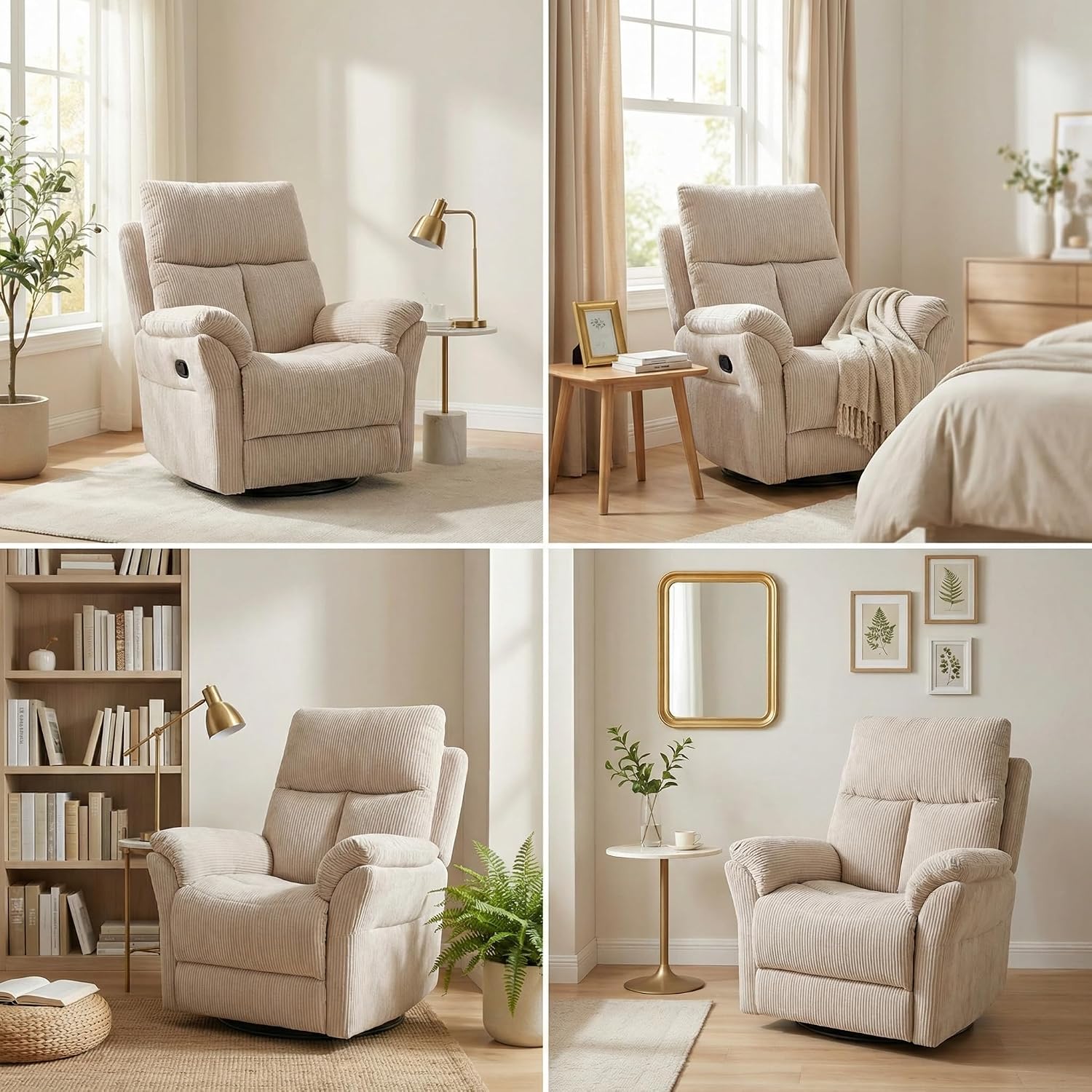 Oversized Rocker Recliner Chair, Manual Swivel Rocking Recliners with Adjustable Backrest Footrest for Adults, 360° Swivel Lazy Boy Recliner Chairs for Living Room, Reading, Bedroom, Beige