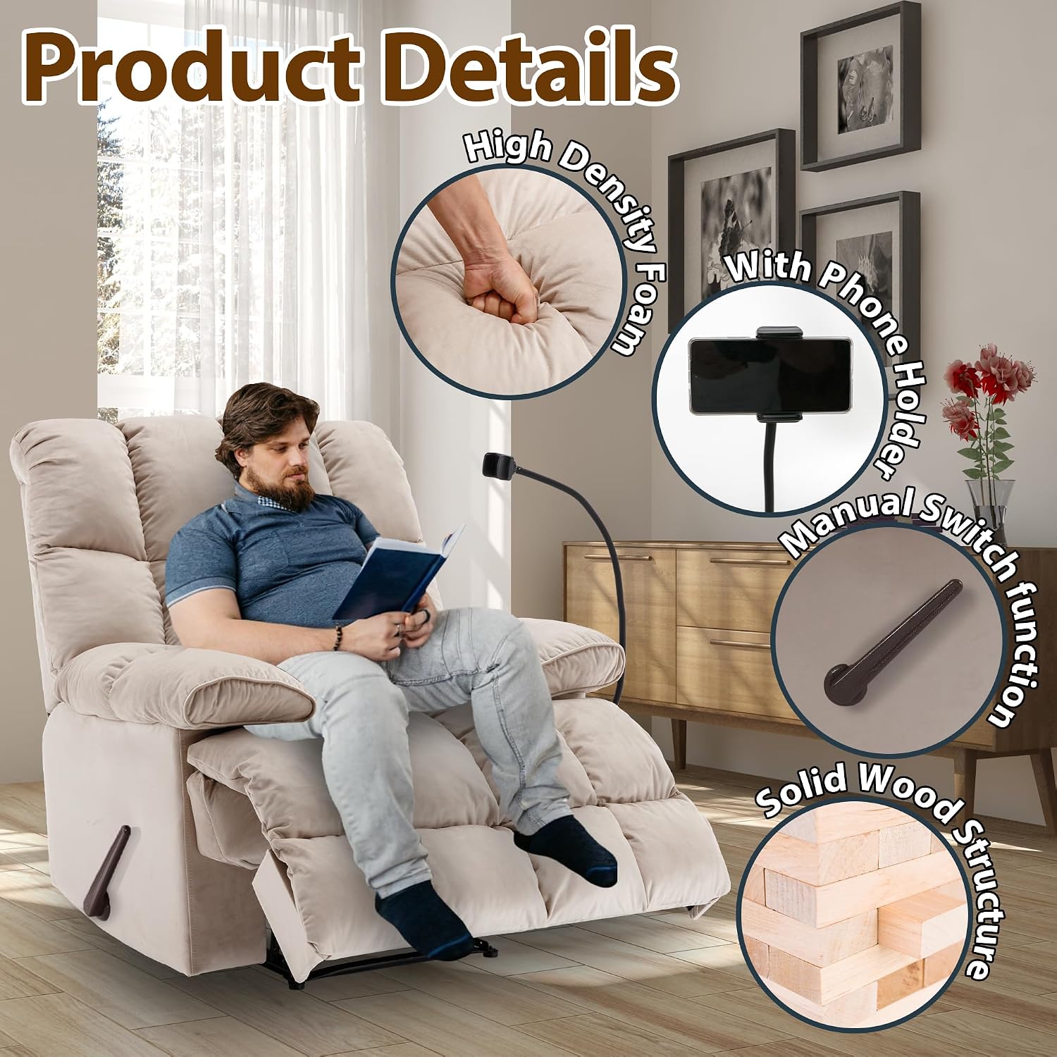 Manual Adjustable Oversized Recliner Chair with Phone Holder, Extra Large Recliner for Heavy Duty Adults 400lbs, Big Man Recliners for Living Room, Nursery, RV