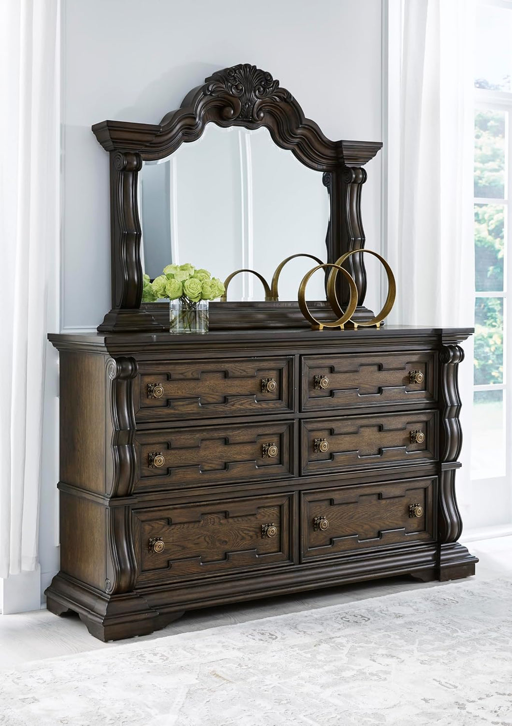 Signature Design by Ashley Maylee 6 Drawer Traditional Dresser with Mirror, Bedroom Chest of Drawers, Hardwood Solids, Oak & Ash Swirl Veneers, MDF Substrates, Cast Resin, Dark Brown