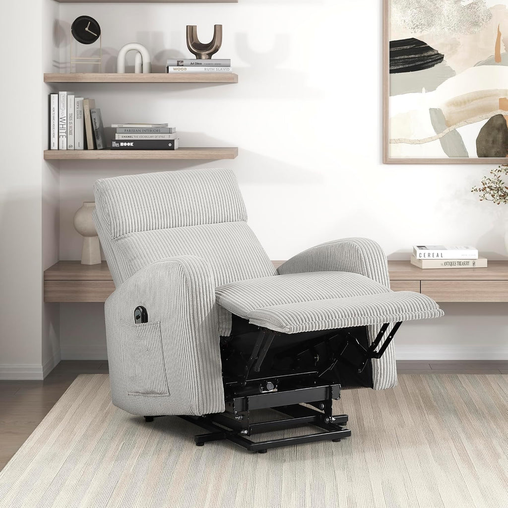 Lexicon Power Lift Recliner Chair for Elderly with Remote Control, Gentle Lift Motion, Side Pocket Armrest, Corduroy Upholstered Electric Recliner for Living Room/Bedroom, Easy Assembly, Light Gray