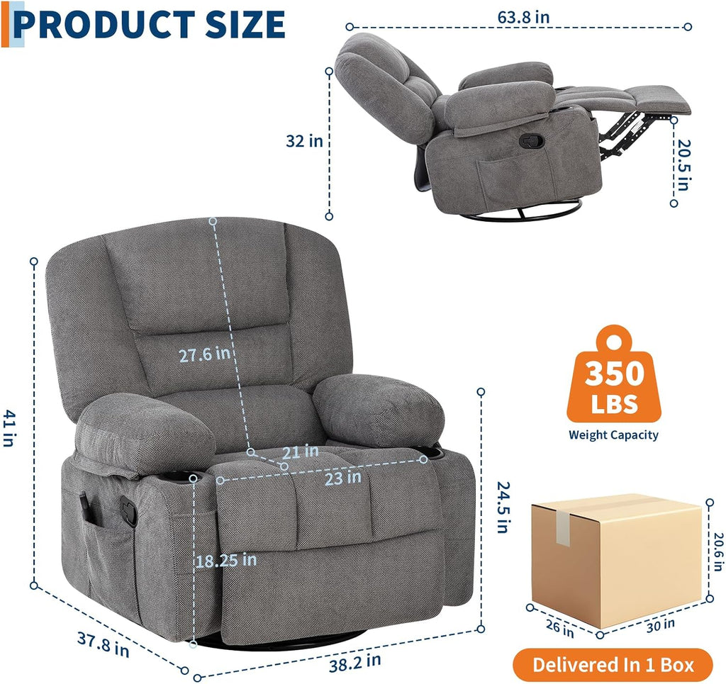 Massage Recliner Chair for Living Room, Chenille Rocker Recliner Chair for Adults with Vibration Massage and Heat, Adjustable Home Theater Seating for Living Room, Bedroom, 360° Swivel, Grey