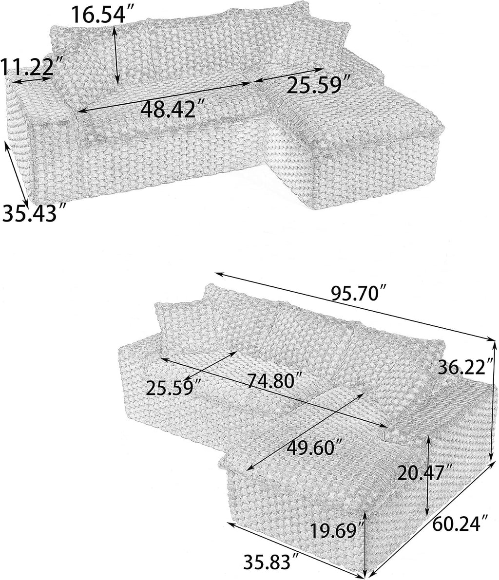 KEIKI 96' L-Shape Modular Boneless Couch with Chaise for Modern Home Bedroom Studio, Sectional Sofa Deep Seat Oversized Loveseat Convertible Bed for Apartment Furniture Lounge Relaxing Corner, White