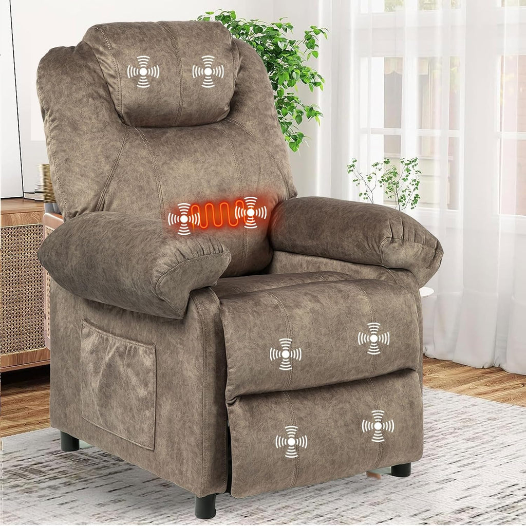 Massage Recliner Chair with Heat,Overstuffed Fabric Recliner Chairs with Heating,Small Recliner for Living Room Bedroom, Manual Reclining Single Sofa Recliners Lounge Chair for Adult,Brown