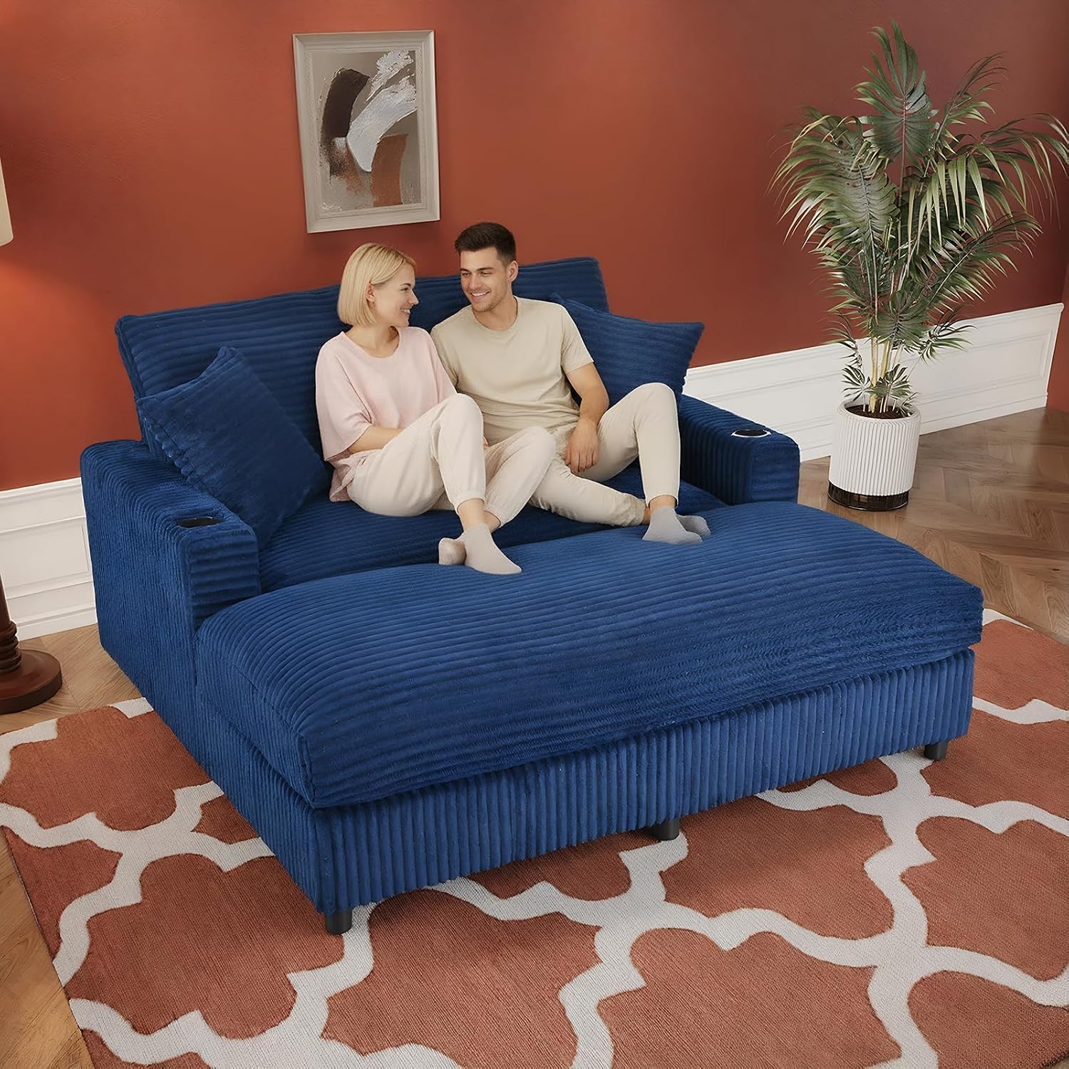 60' Oversized Chaise Lounge Chair Indoor, Upholstered Sofa Bed with Pillows & 2 Cup Holders, Sleeper Couch Comfy Corduroy Recliner Chair for Living Room, Movie Room, Bedroom, Blue