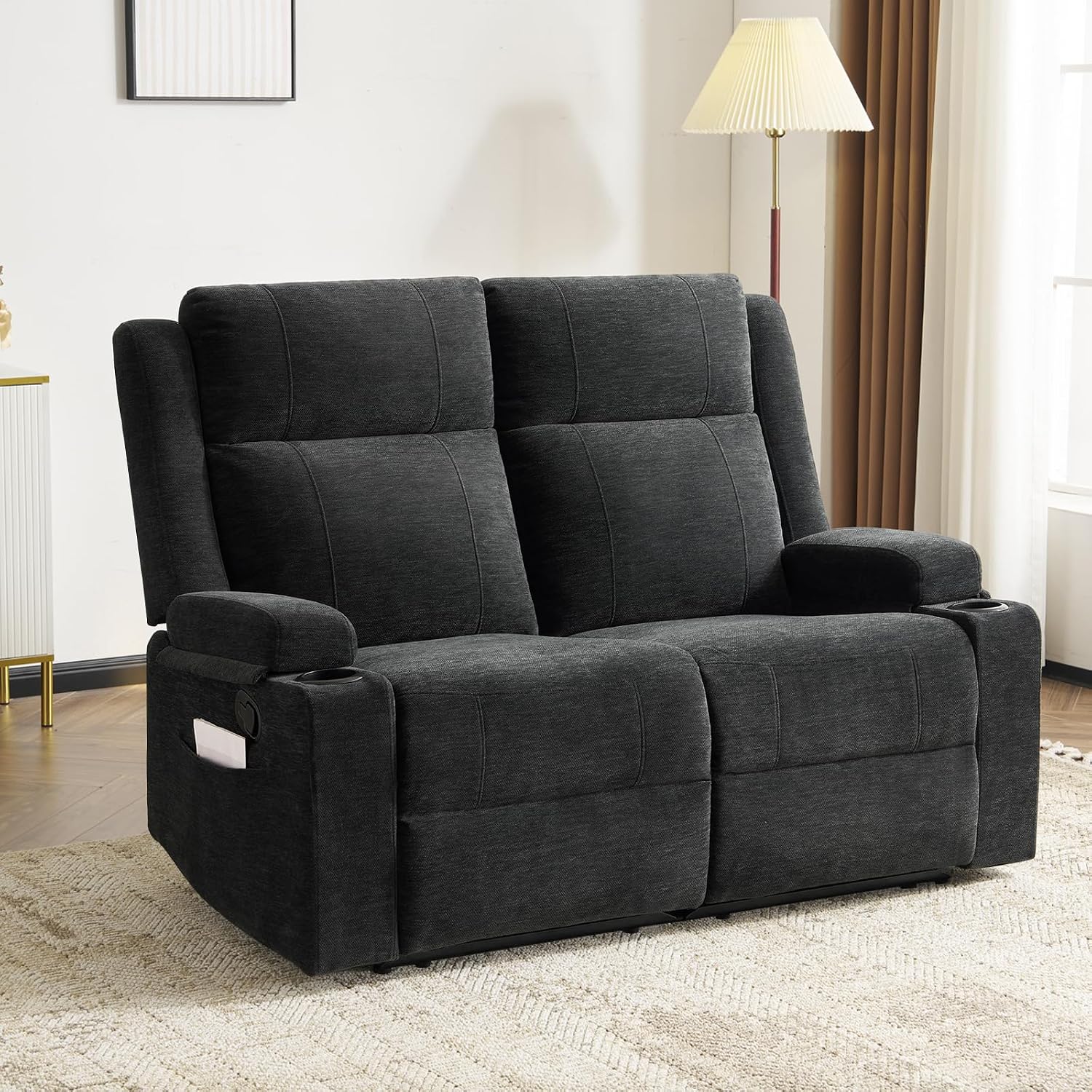 Loveseat Recliner, Double Recliner Loveseat with Adjustable Footrest & Cup Holder, Wall Hugger Recliner for Living Room & Home Theater & RV(Black)