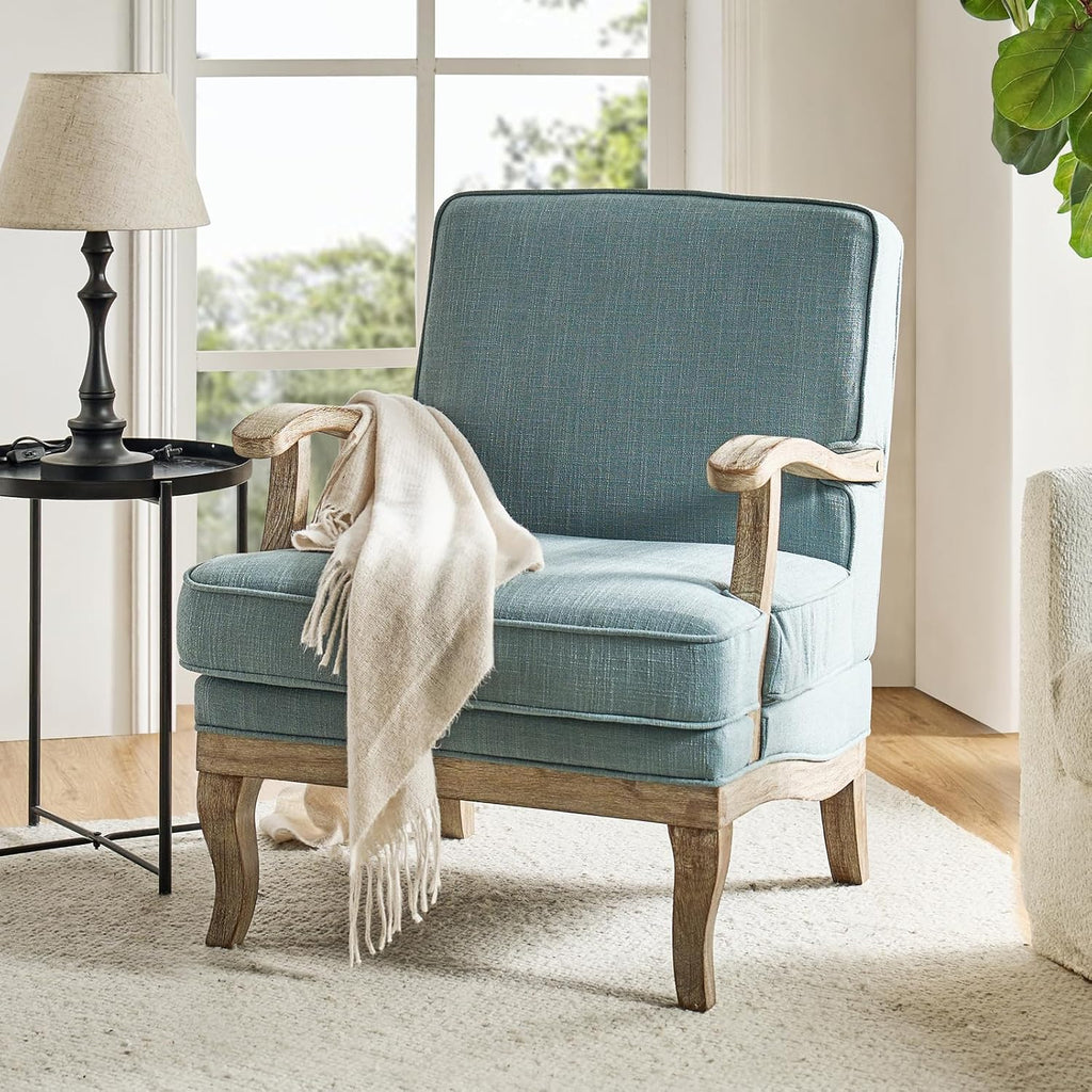 HULALA HOME Mid-Century Modern Accent Chair, Upholstered Lounge Arm Chair with Solid Wood Legs and Armrest, Removable Cushion Comfy Retro Reading Armchair for Living Room, Bedroom, Balcony, Blue