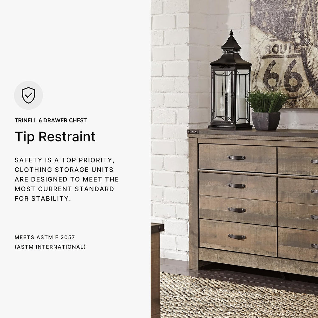 Signature Design by Ashley Trinell Rustic 6 Drawer Dresser with Safety Stop for Bedroom, Dark Brown