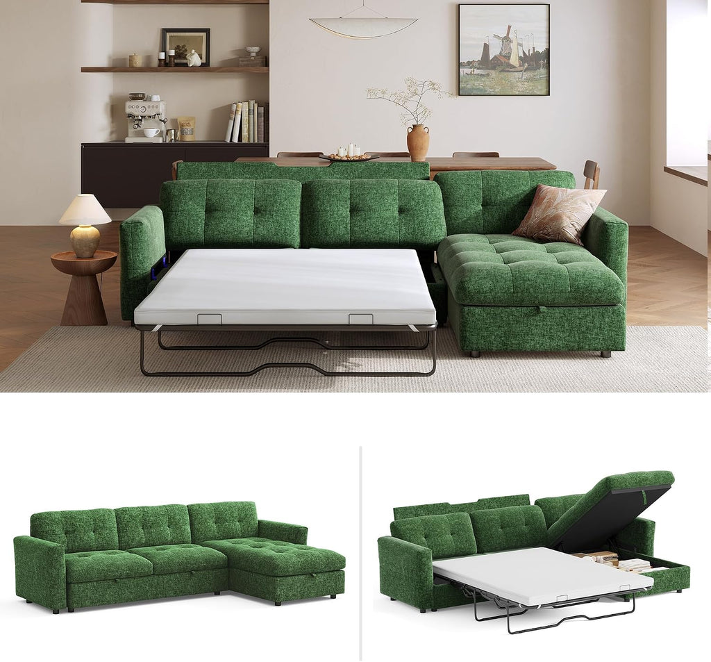 LINSY HOME Oversized Sleeper Sofa with Pullout Bed, Sectional Couch with Storage Chaise, Green Corduroy L-Shaped Convertible Couch, 118x34.5x34.5 Inches