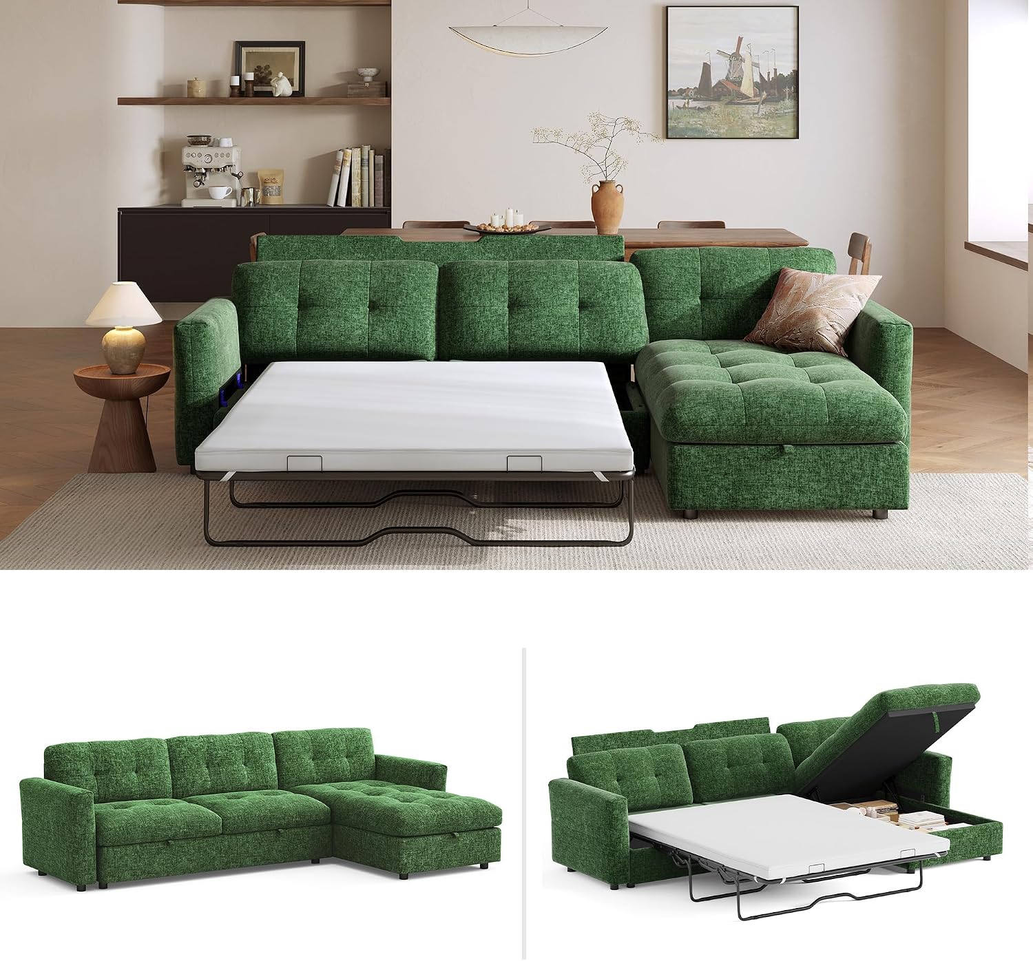 LINSY HOME Oversized Sleeper Sofa with Pullout Bed, Sectional Couch with Storage Chaise, Green Corduroy L-Shaped Convertible Couch, 118x34.5x34.5 Inches