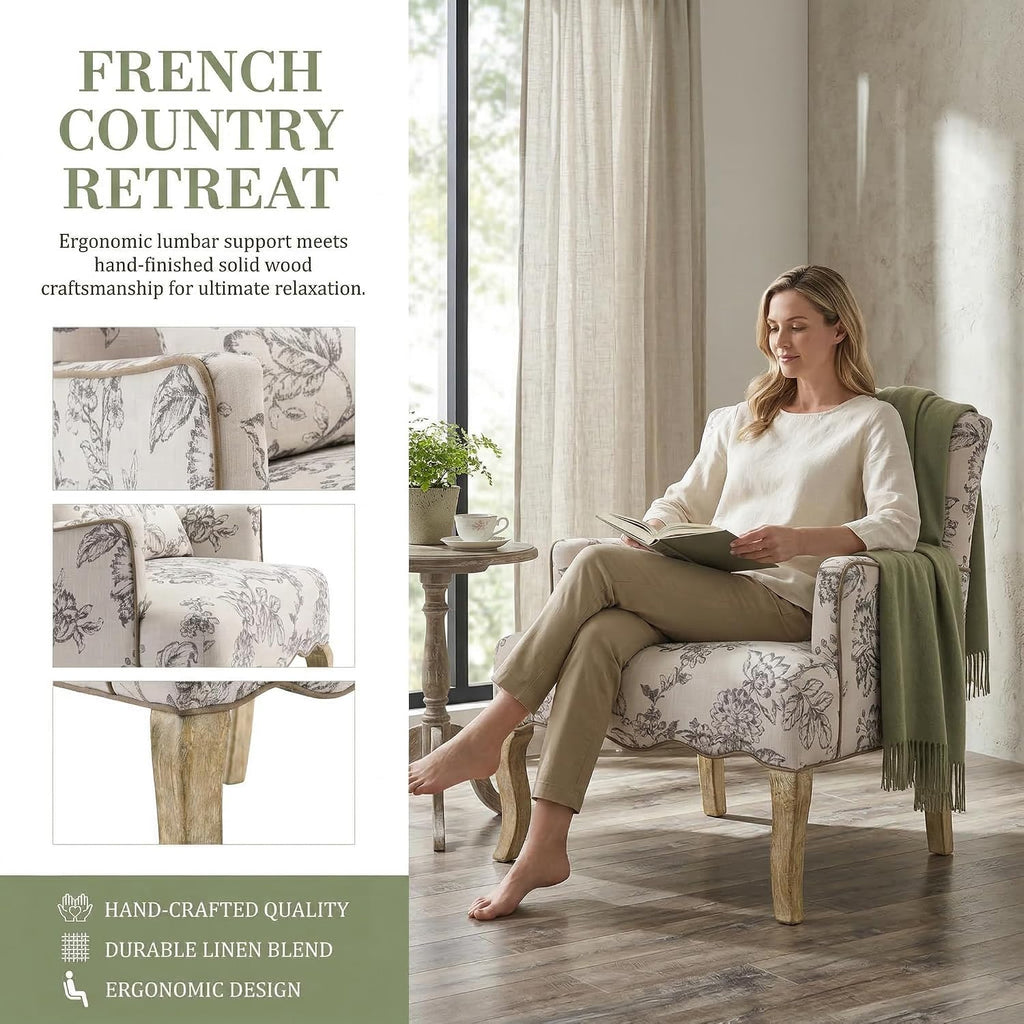 Floral Accent Chair Fabric Comfy Single Sofa Upholstered Modern Reading Chair with Removable Pillow Wingback Arm Chair for Living Room/Bedroom/Fireplace, Beige