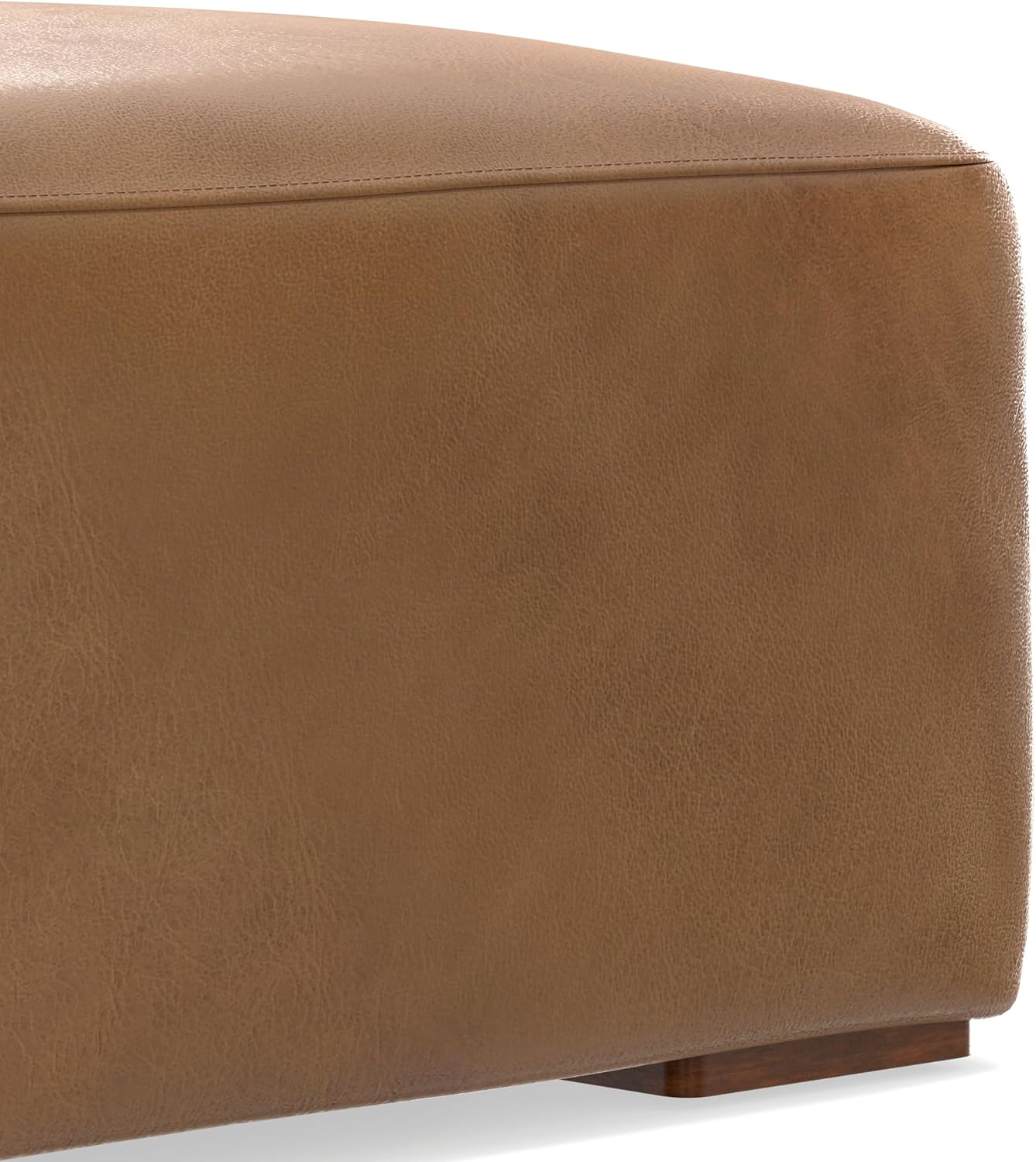 SIMPLIHOME Rex Ottoman - 34 inch Wide Upholstered Genuine Leather Square Ottoman in Caramel Brown, Modern Bench for Living Room or Bedroom with High-Density Cushion, Assembled