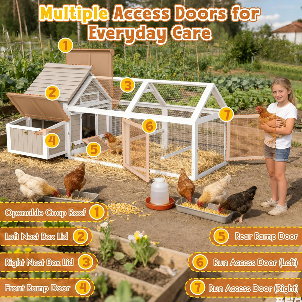 Ketive 83'L Large Chicken Coop with Run for 4–6 Chickens Wooden Backyard Hen House with Curved Roof, Peaked Run Top, 4 Reinforced Nesting Boxes, Swing Perch, Dual Ramp Doors,Slide-Out Tray,Expandable
