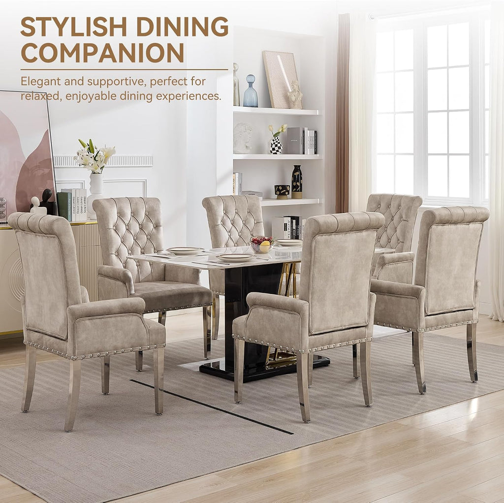 WUTUTUEE Velvet Dining Chair with Arms, Upholstered Tufted High Back Dining Room Chairs, Accent Armchair with Chrome Leg and Nailhead Trim, Kitchen Dining Living Room, Beige (Ivory)