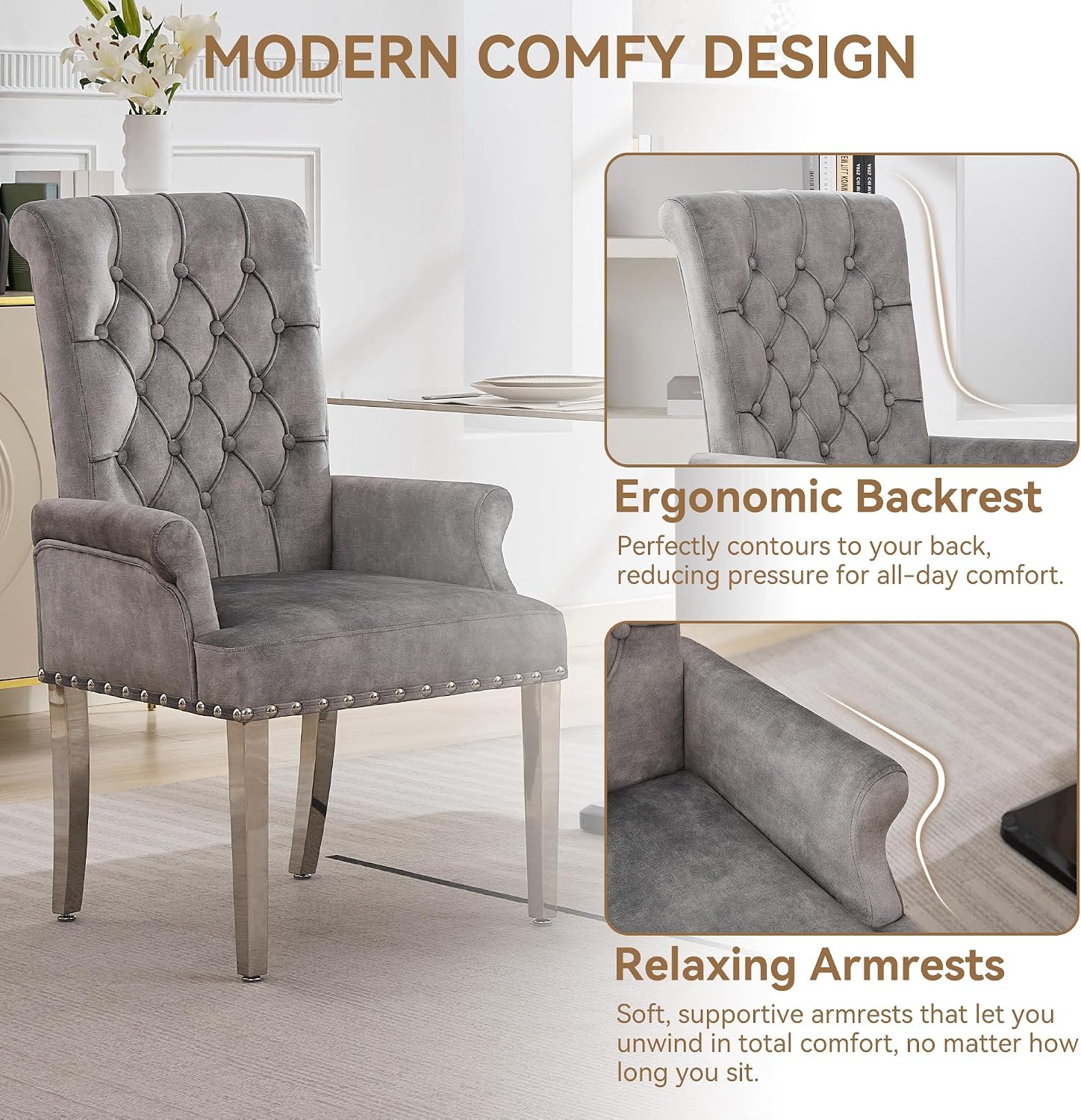 WUTUTUEE Velvet Dining Chair with Arms, Upholstered Tufted High Back Dining Room Chairs, Accent Armchair with Chrome Leg and Nailhead Trim, Kitchen Dining Living Room, Grey